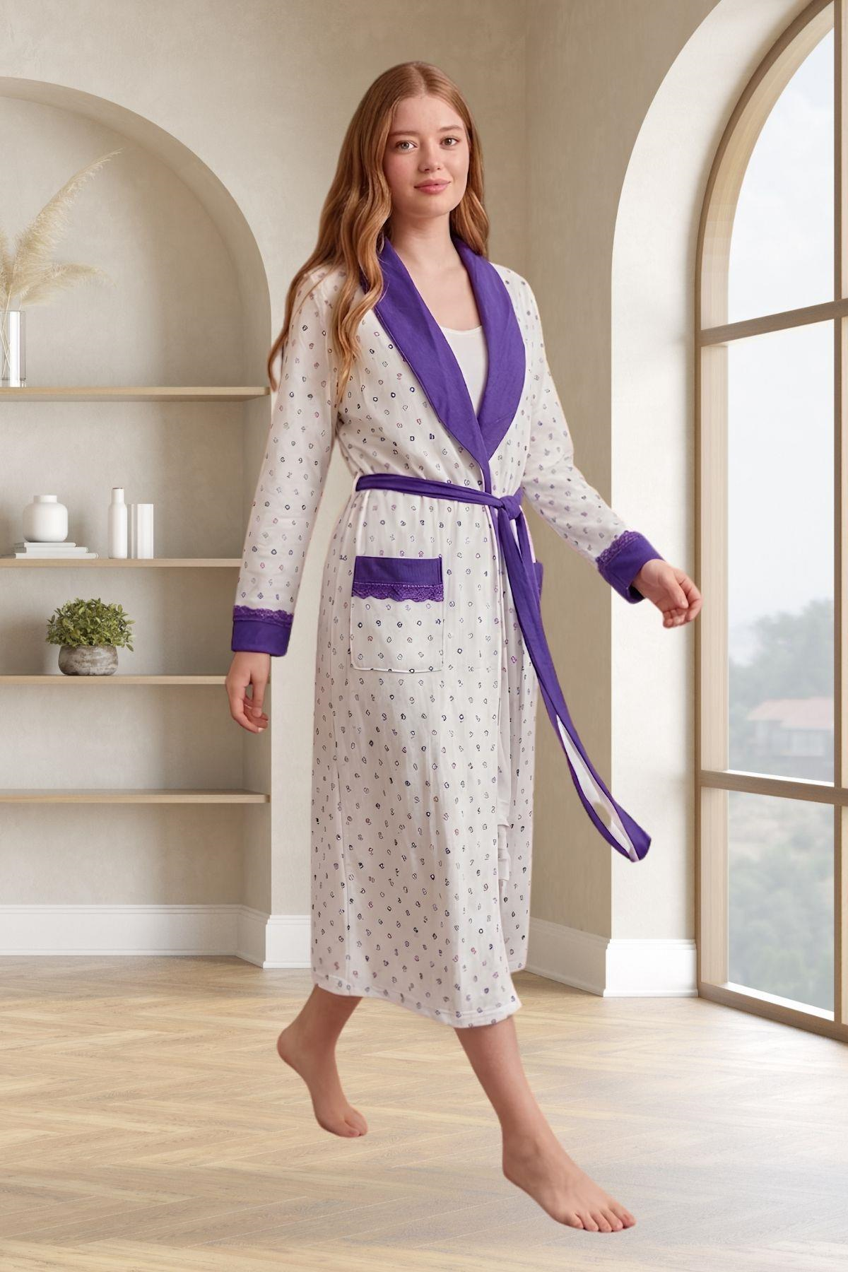 Mecit 6358 Mor Kadın Uzun Sabahlıklı Pijama Takımı