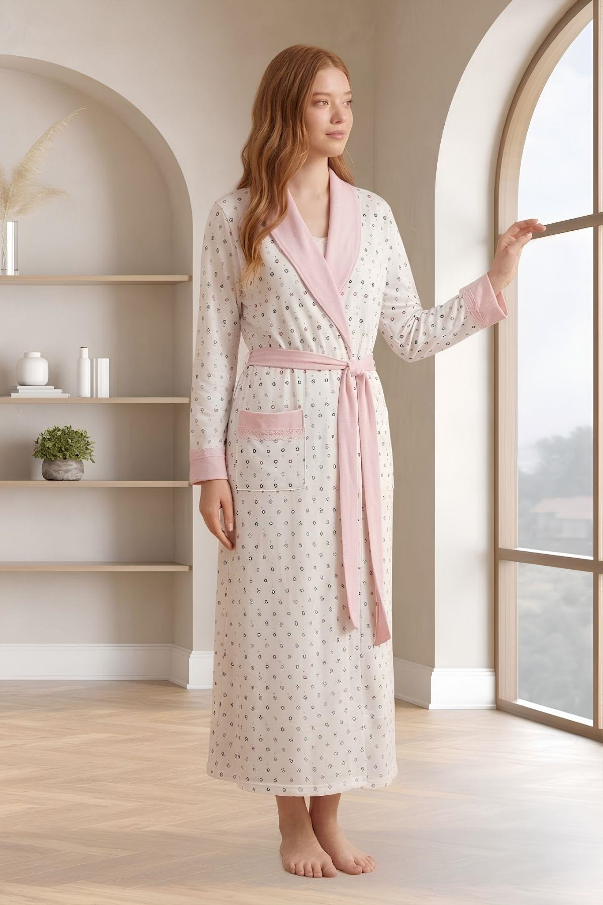 Mecit 6358 Pembe Kadın Uzun Sabahlıklı Pijama Takımı
