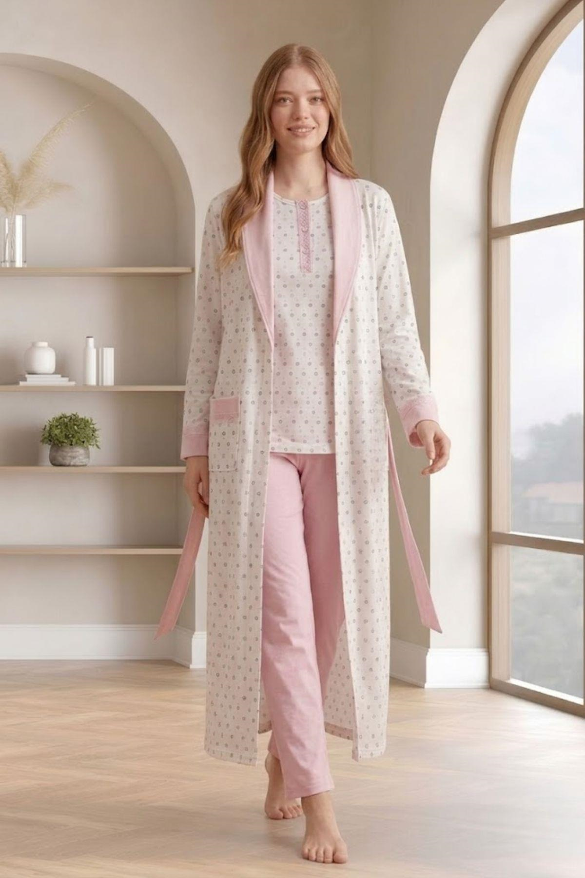 Mecit 6358 Pembe Kadın Uzun Sabahlıklı Pijama Takımı