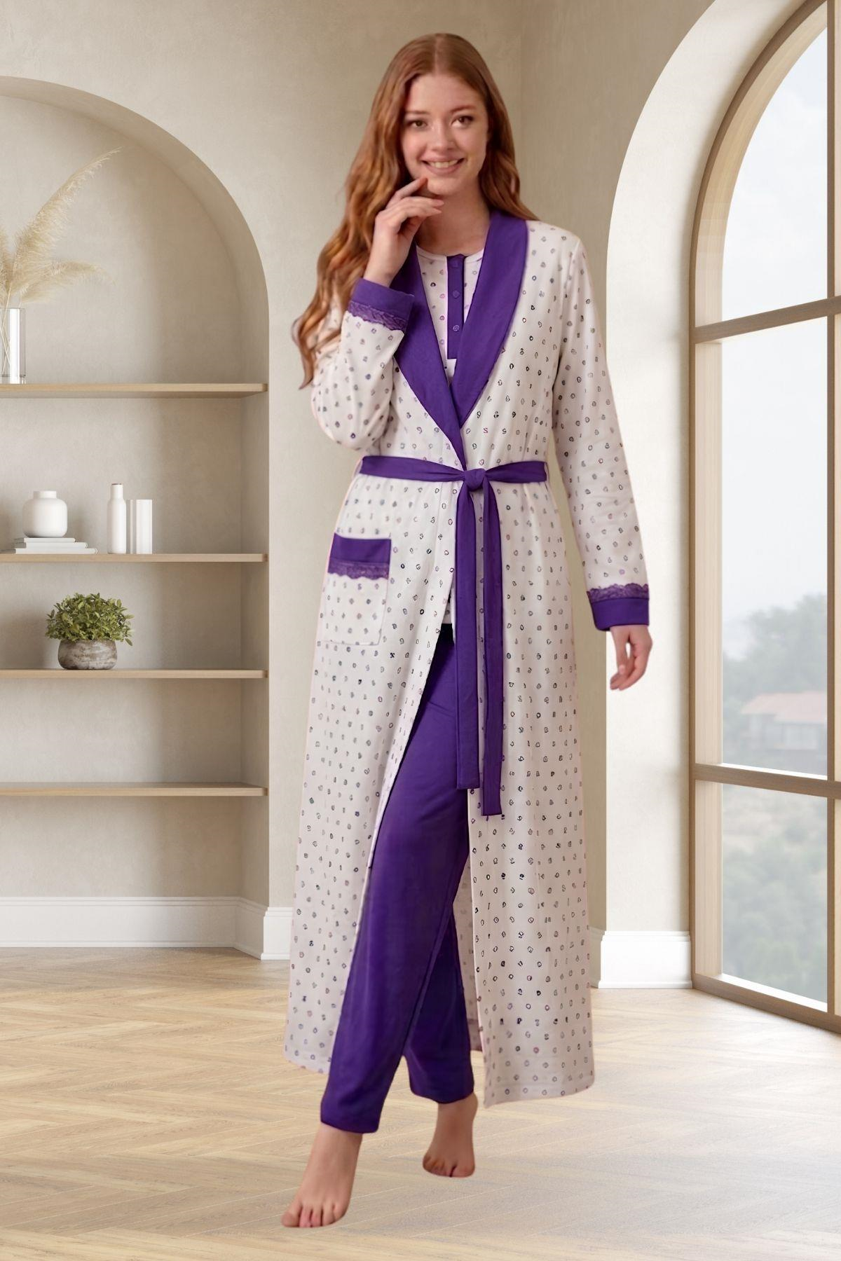 Mecit 6360 Mor Kadın Sabahlık Pijama Gecelik Set