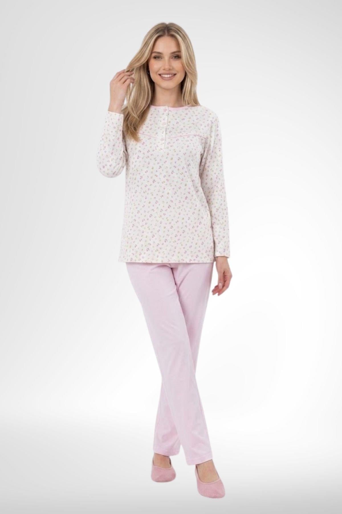 Mecit 6384 Pembe Büyük Beden Kadın Sabahlık Pijama ve Uzun Kollu Gecelik Set