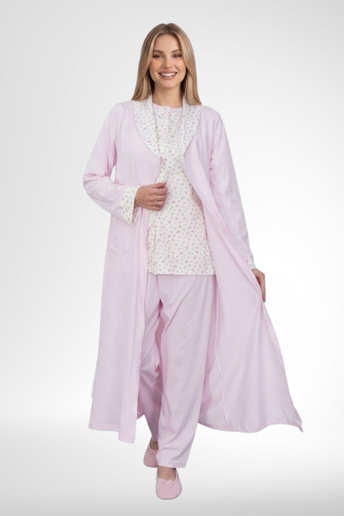 Mecit 6387 Pembe Büyük Beden Kadın Sabahlık Düğmeli Pijama ve Kısa Kollu Gecelik Set