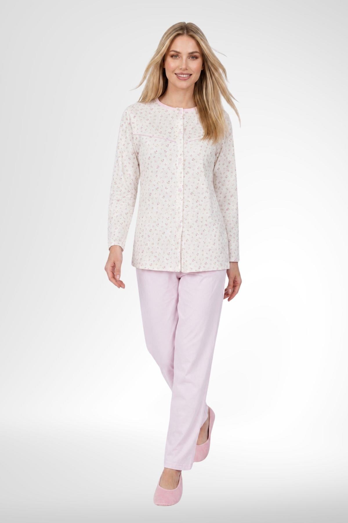 Mecit 6387 Pembe Büyük Beden Kadın Sabahlık Düğmeli Pijama ve Kısa Kollu Gecelik Set