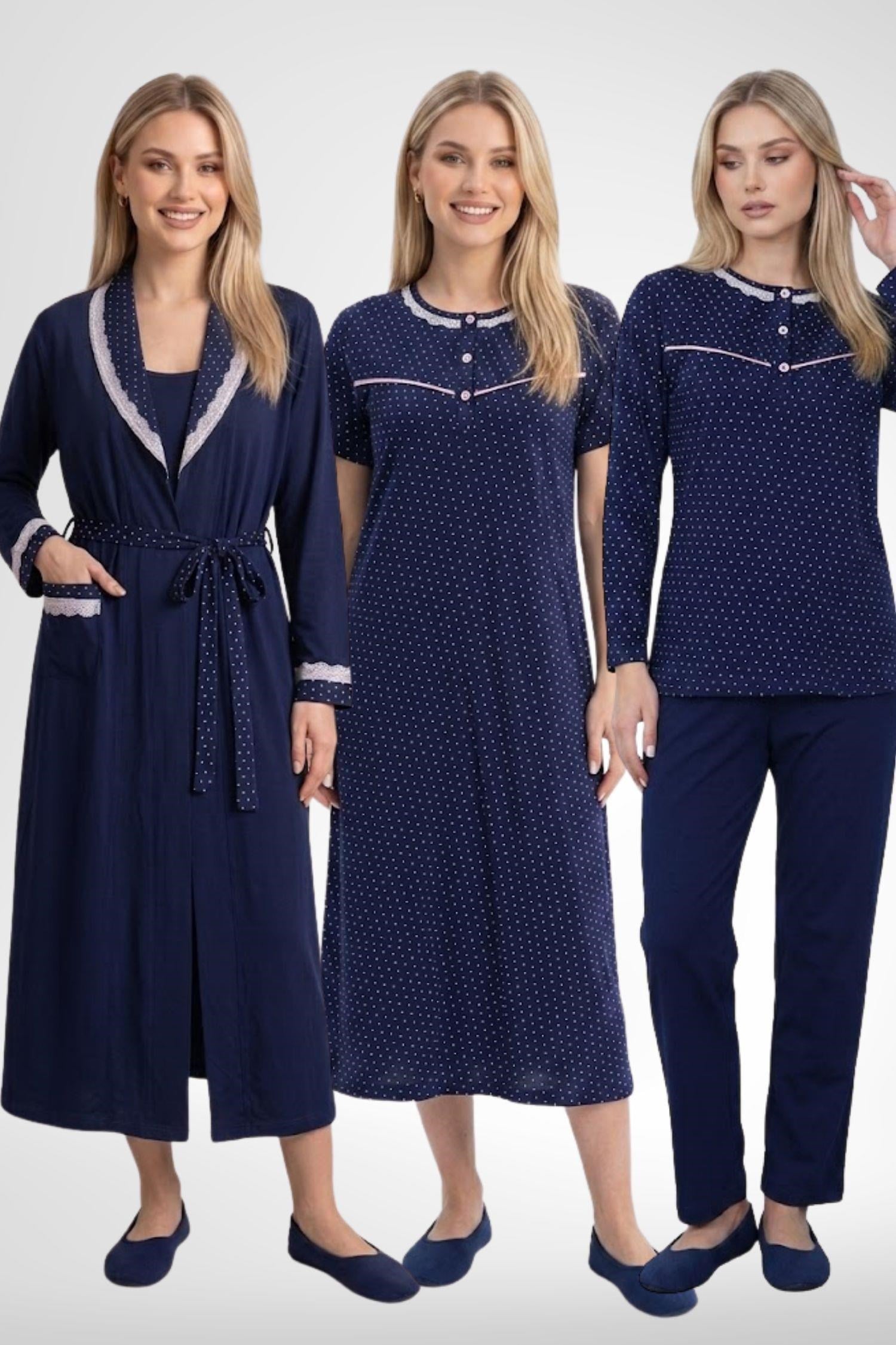 Mecit 6393 Lacivert %100 Pamuk Pembe Puantiyeli  Kadın Sabahlık Pijama Gecelik Set