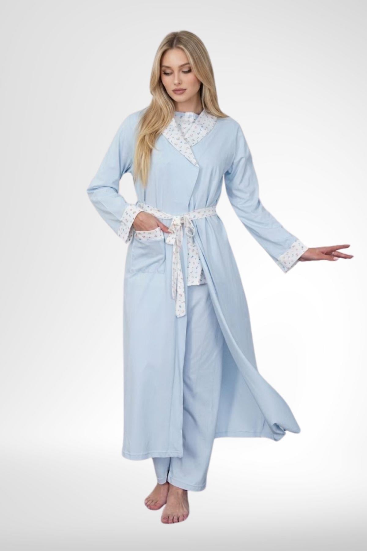Mecit 6397 Mavi Kadın Uzun Sabahlıklı Pijama Takımı