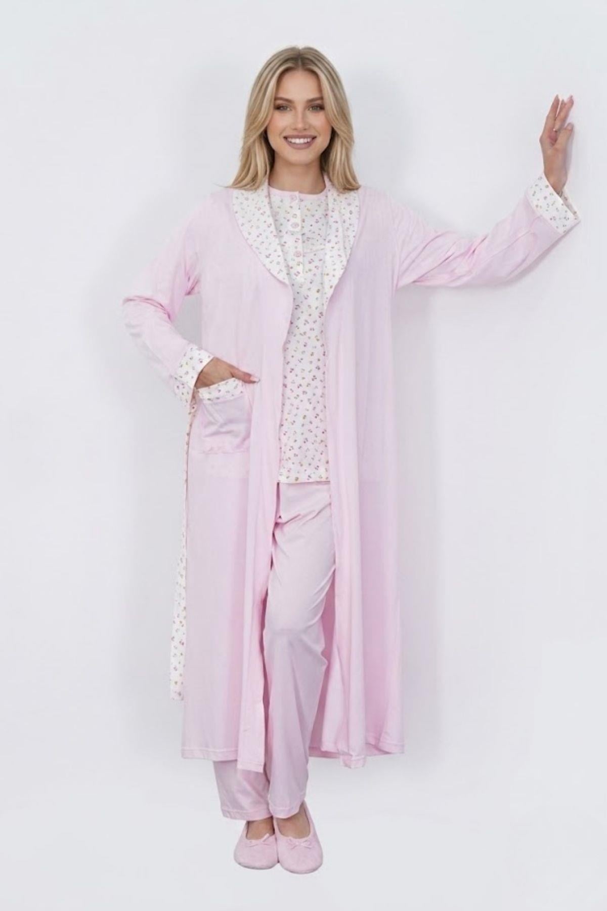 Mecit 6397 Pembe Kadın Uzun Sabahlıklı Pijama Takımı