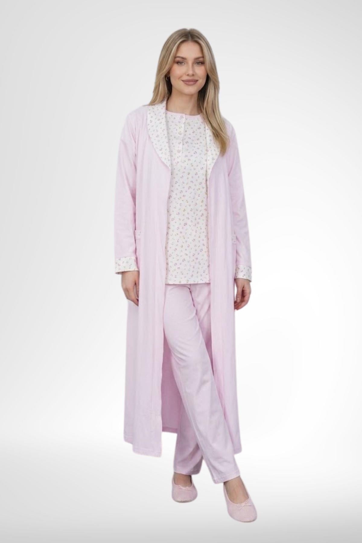 Mecit 6397 Pembe Kadın Uzun Sabahlıklı Pijama Takımı
