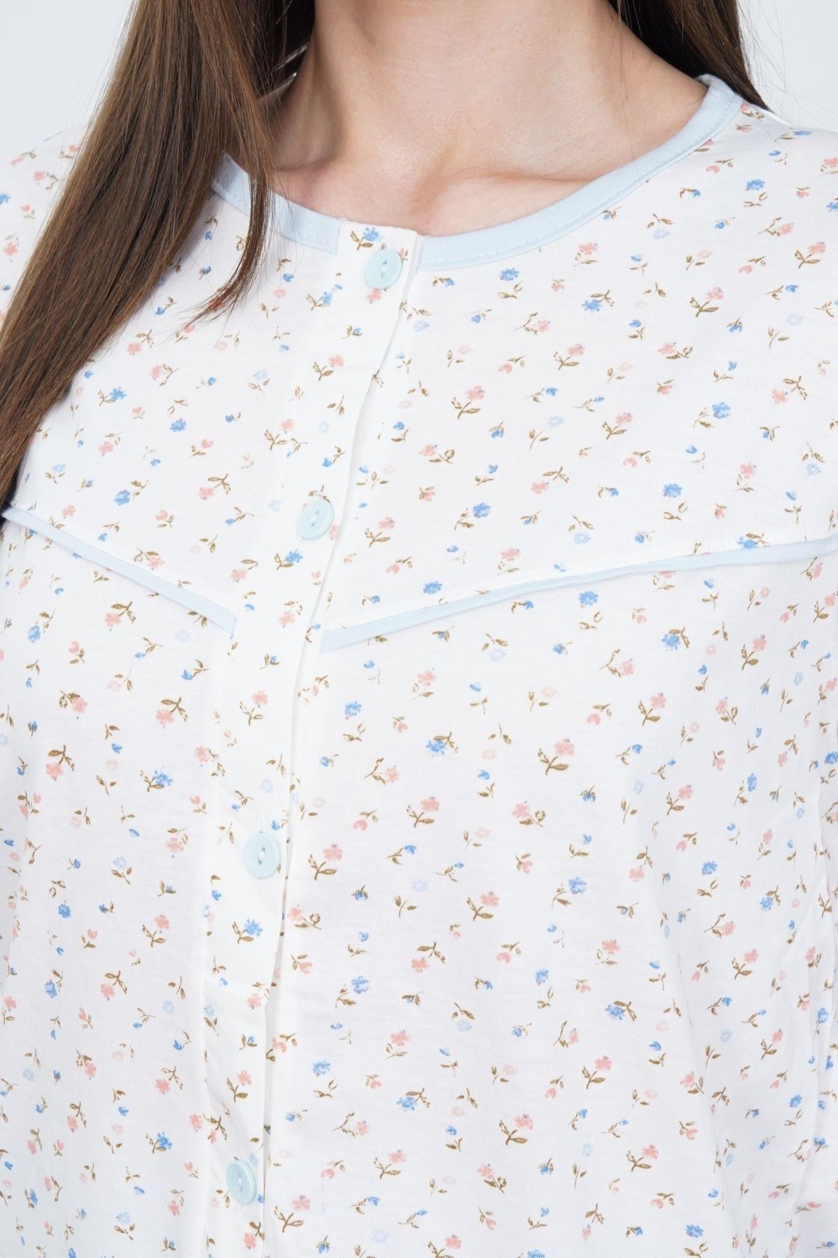 Mecit 6398 Mavi Kadın Uzun Sabahlıklı Boydan Düğmeli Pijama Takımı