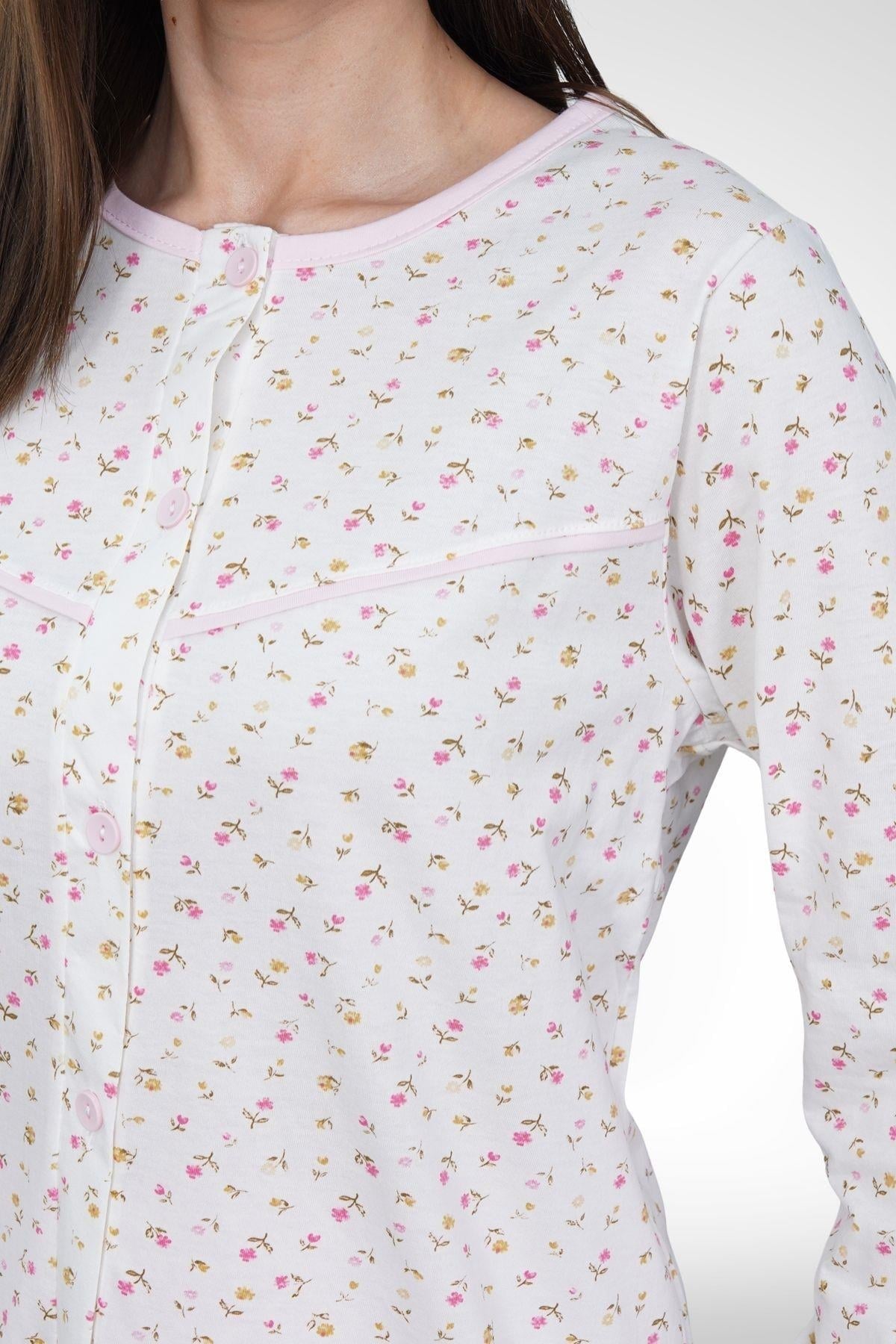 Mecit 6398 Pembe Kadın Uzun Sabahlıklı Boydan Düğmeli Pijama Takımı