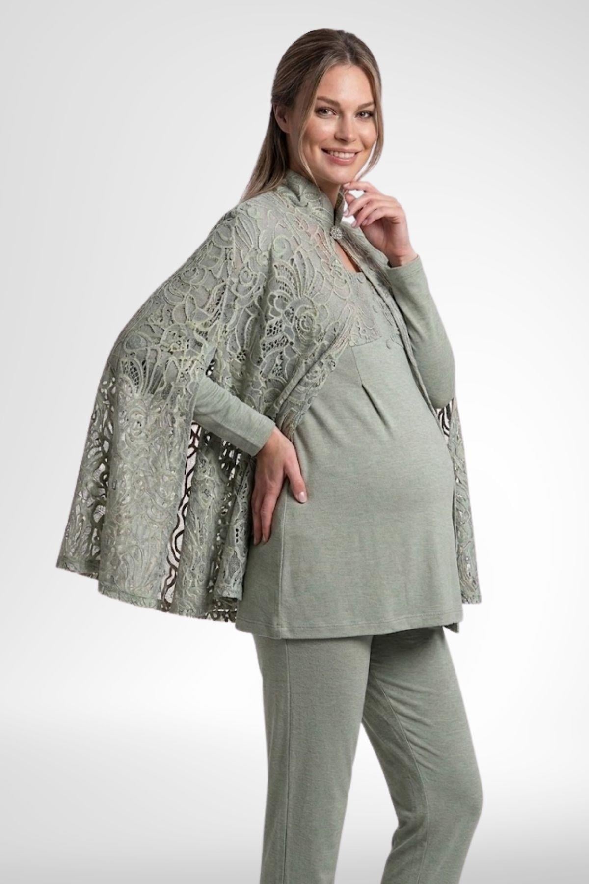Mecit 6402 Elegant Yeşil Dantel Pelerinli Lohusa Pijama Takımı