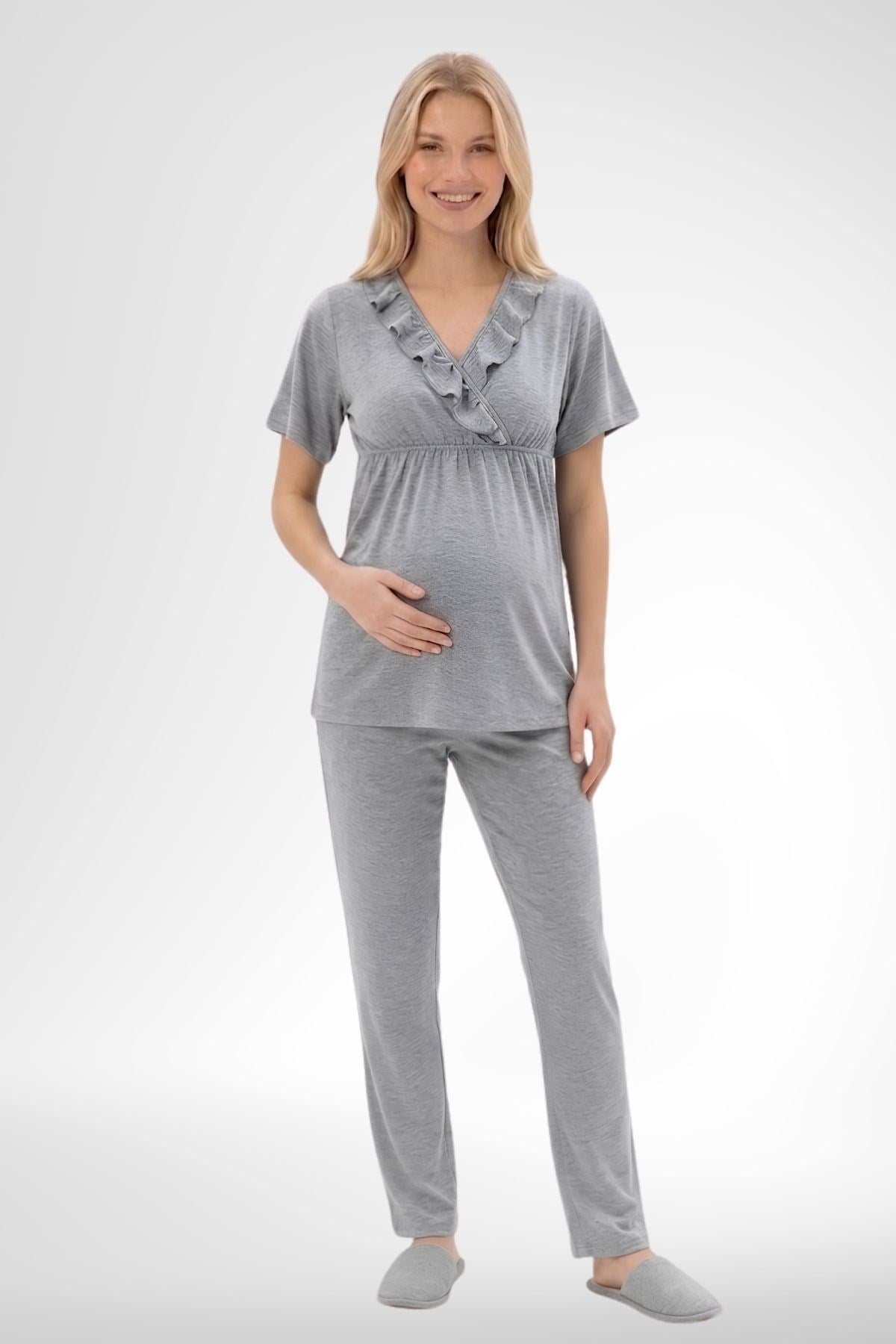Mecit 6403 Gri Sabahlıklı Lohusa Pijama Takımı