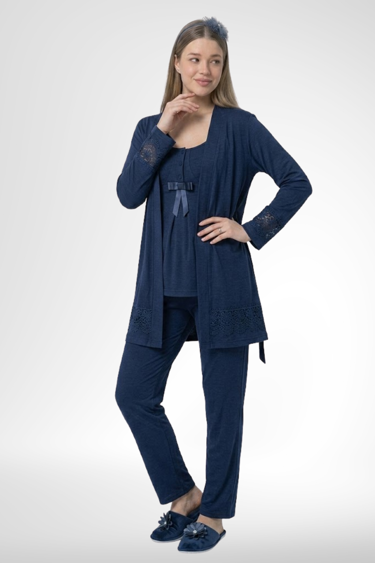 Mecit 6405 Lacivert Sabahlıklı Lohusa Pijama Takımı