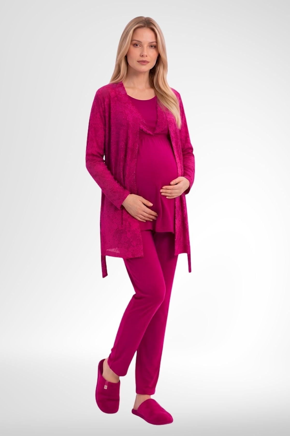 Mecit 6406 Fuşya Dantel Sabahlıklı Lohusa Pijama Takımı