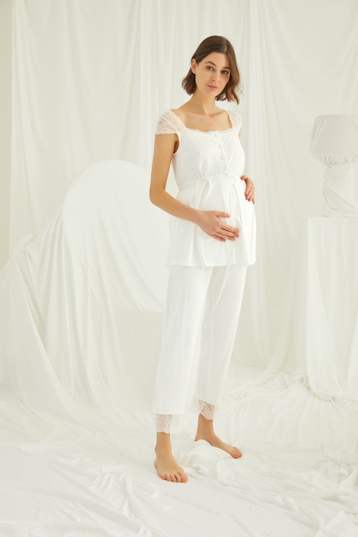 Monamise 18203 Kadın Ekru Hamile Lohusa 3'lü Sabahlık Pijama TakımSabahlıklı Lohusa Pijama TakımlarıMonamise