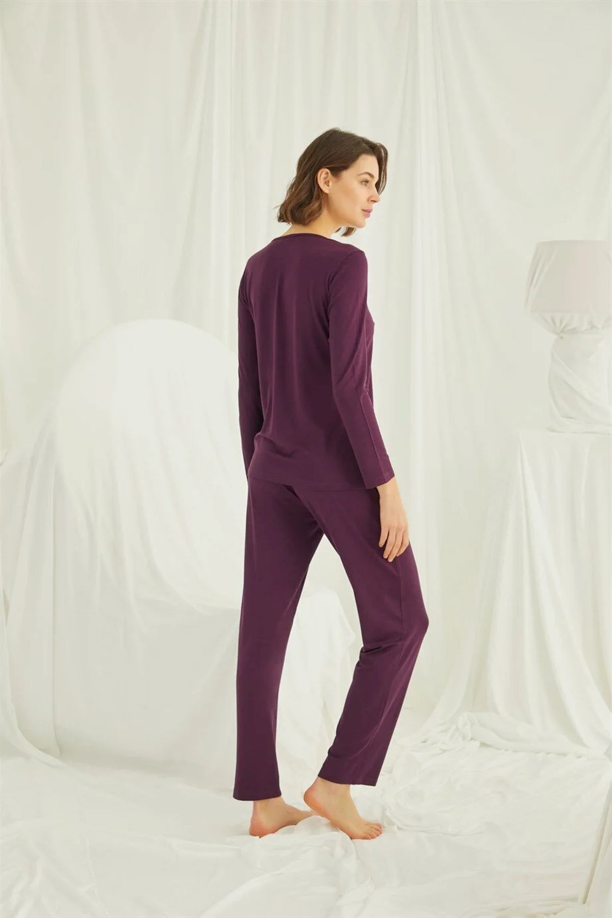 Monamise Kadın Bordo Omzu Dantelli Önü Boydan Düğmeli Pijama Takımı 19230Kadın Pijama TakımıMonamise