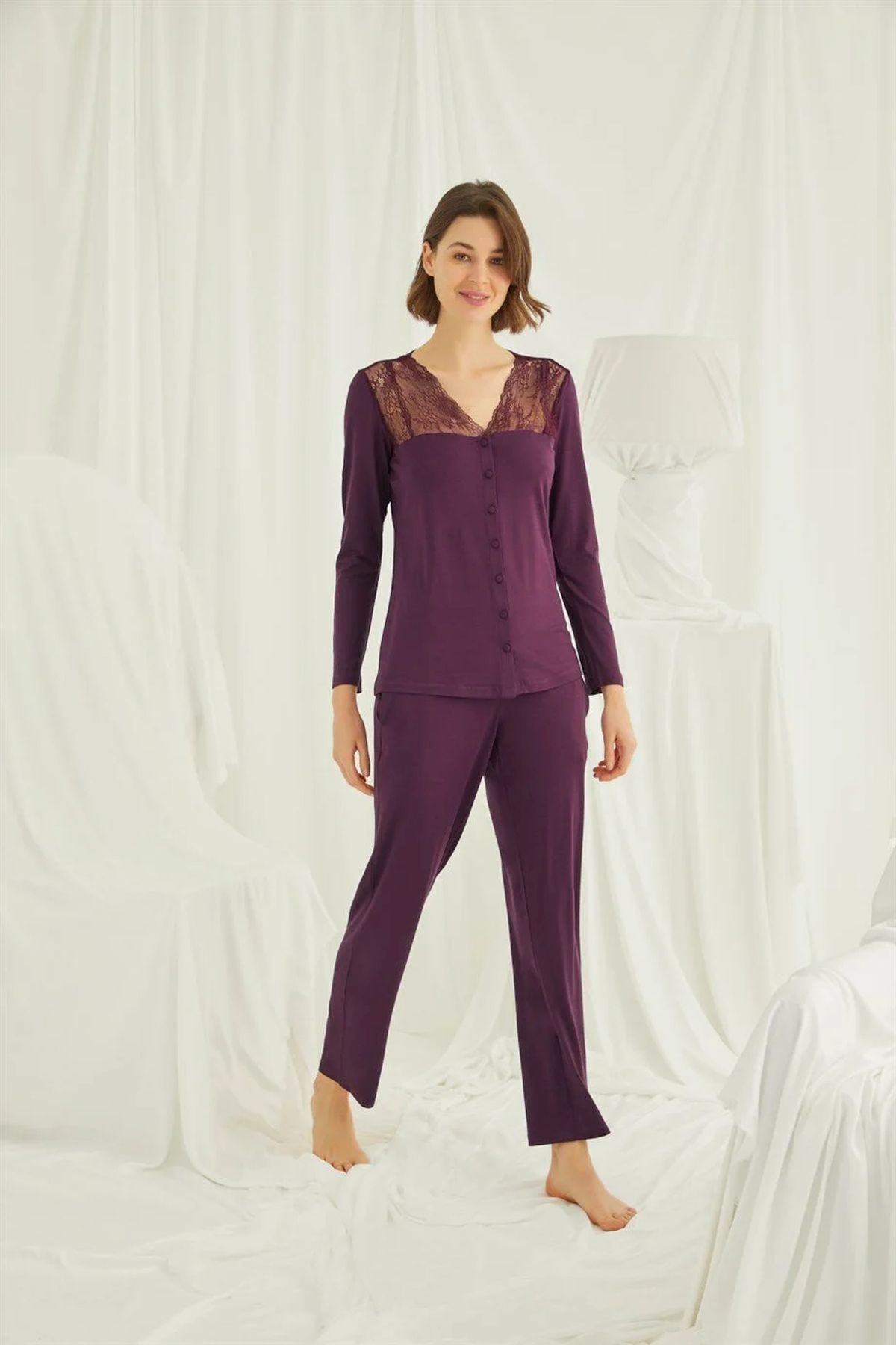 Monamise Kadın Bordo Omzu Dantelli Önü Boydan Düğmeli Pijama Takımı 19230Kadın Pijama TakımıMonamise
