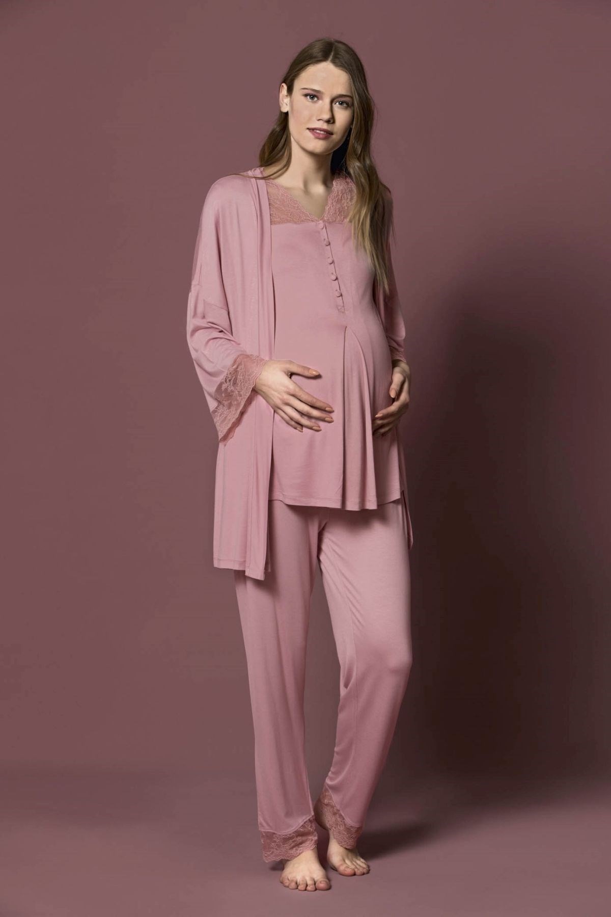Monamise Kadın Pembe Hamile Lohusa Sabahlıklı Pijama Takım 19217Sabahlıklı Lohusa Pijama TakımlarıMonamise