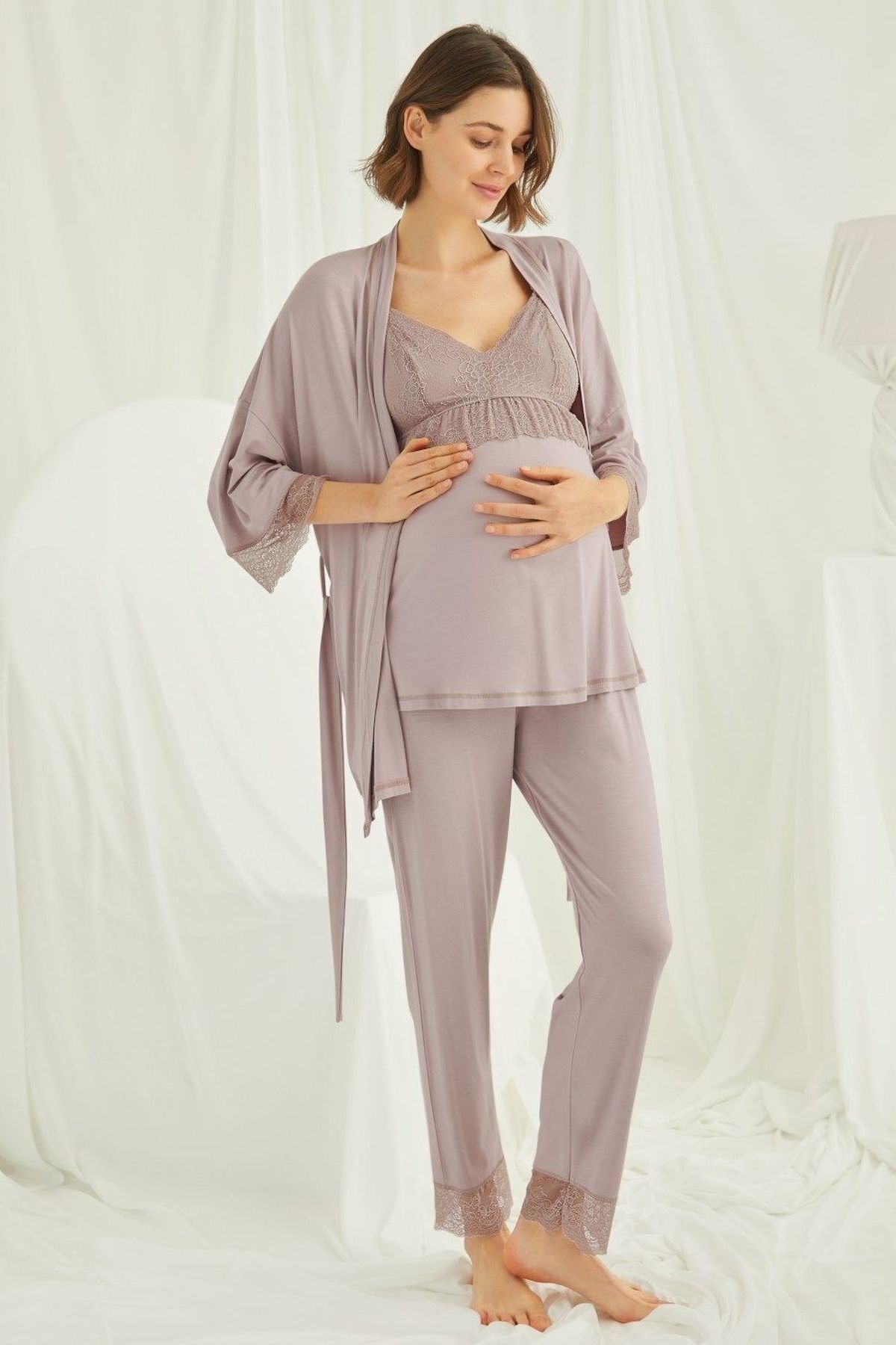 Monamise Kadın Vizon Hamile Lohusa Sabahlıklı Pijama Takım 18431Sabahlıklı Lohusa Pijama TakımlarıMonamise