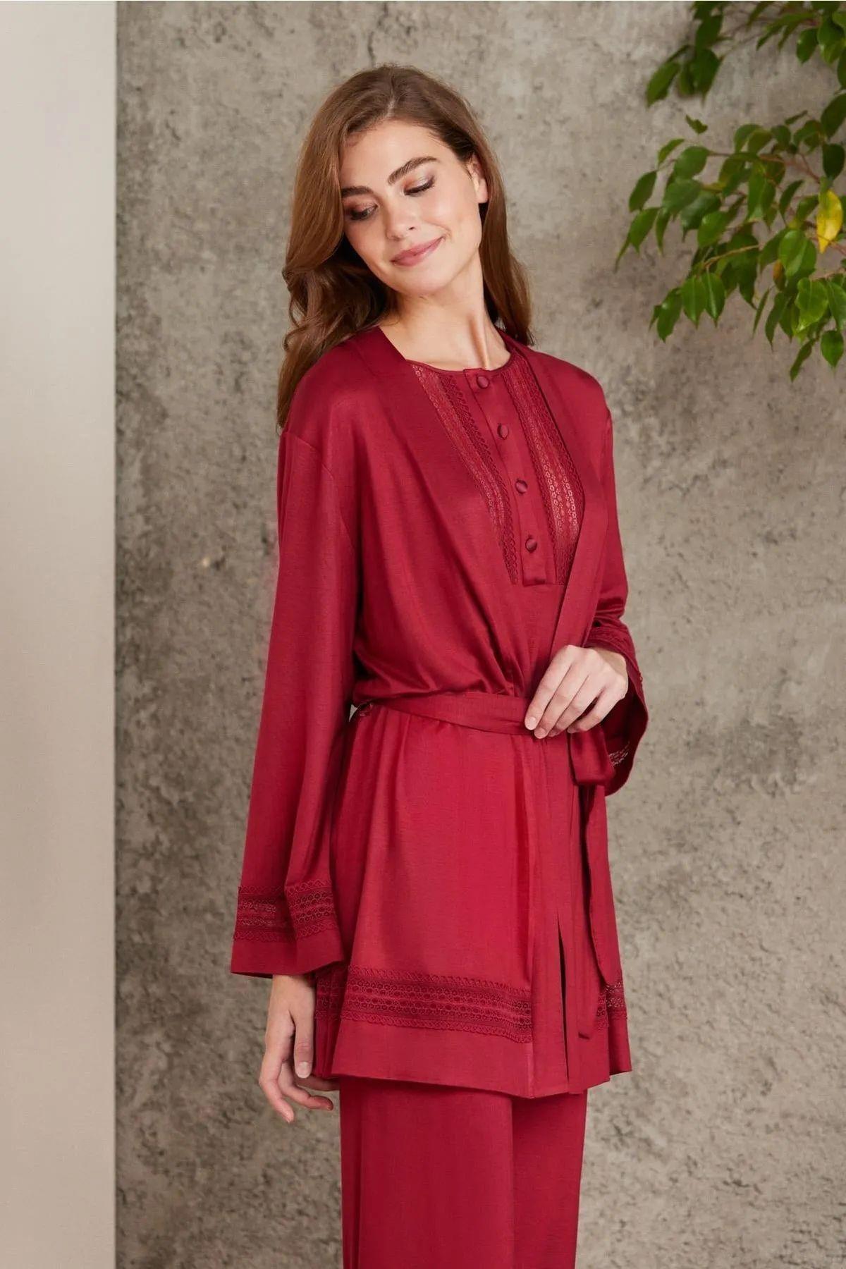 Pierre Cardin 2800 Kadın Bordo Dantelli Penye 3'lü Sabahlıklı Pijama TakımKadın Sabahlıklı Pijama TakımıPierre Cardin