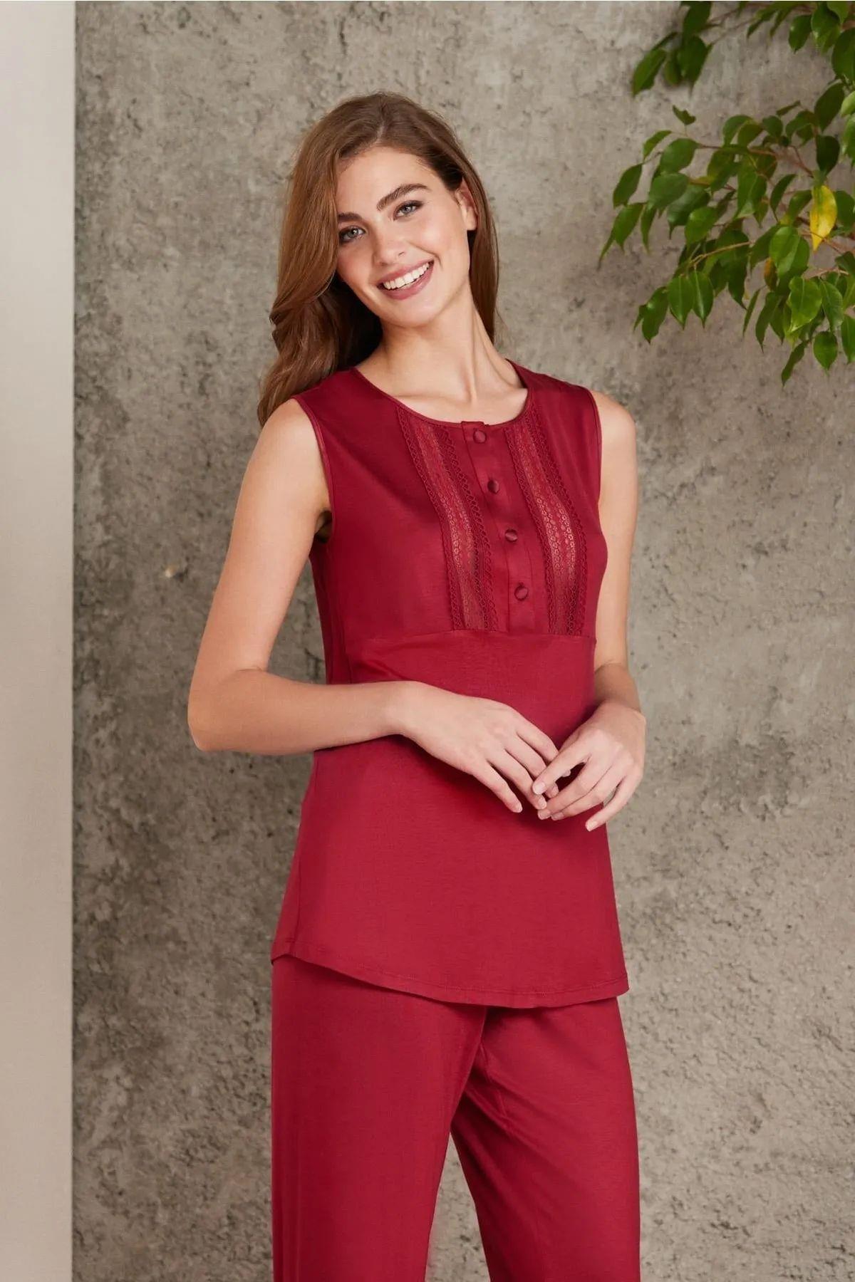 Pierre Cardin 2800 Kadın Bordo Dantelli Penye 3'lü Sabahlıklı Pijama TakımKadın Sabahlıklı Pijama TakımıPierre Cardin