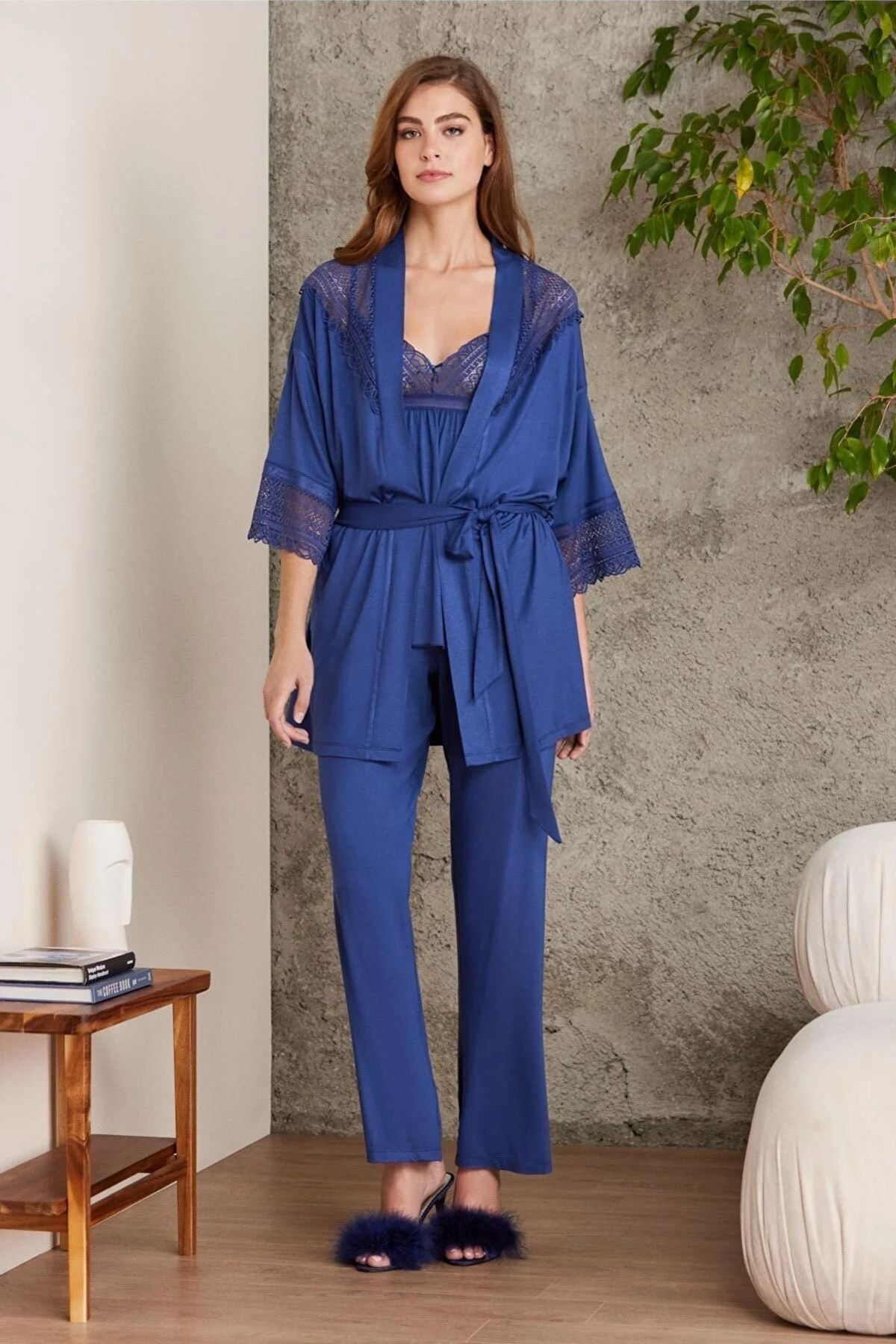 Pierre Cardin 2820 Lacivert Dantelli Penye 3'lü Kadın Şortlu Pijama TakımıKadın Sabahlıklı Pijama TakımıPierre Cardin