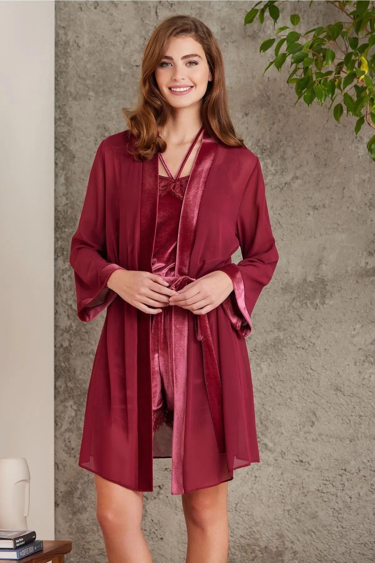 Pierre Cardin 4800 Kadın Bordo Şifon Sabahlık Dantelli Kadife Tulum TakımKadın Sabahlıklı Pijama TakımıPierre Cardin