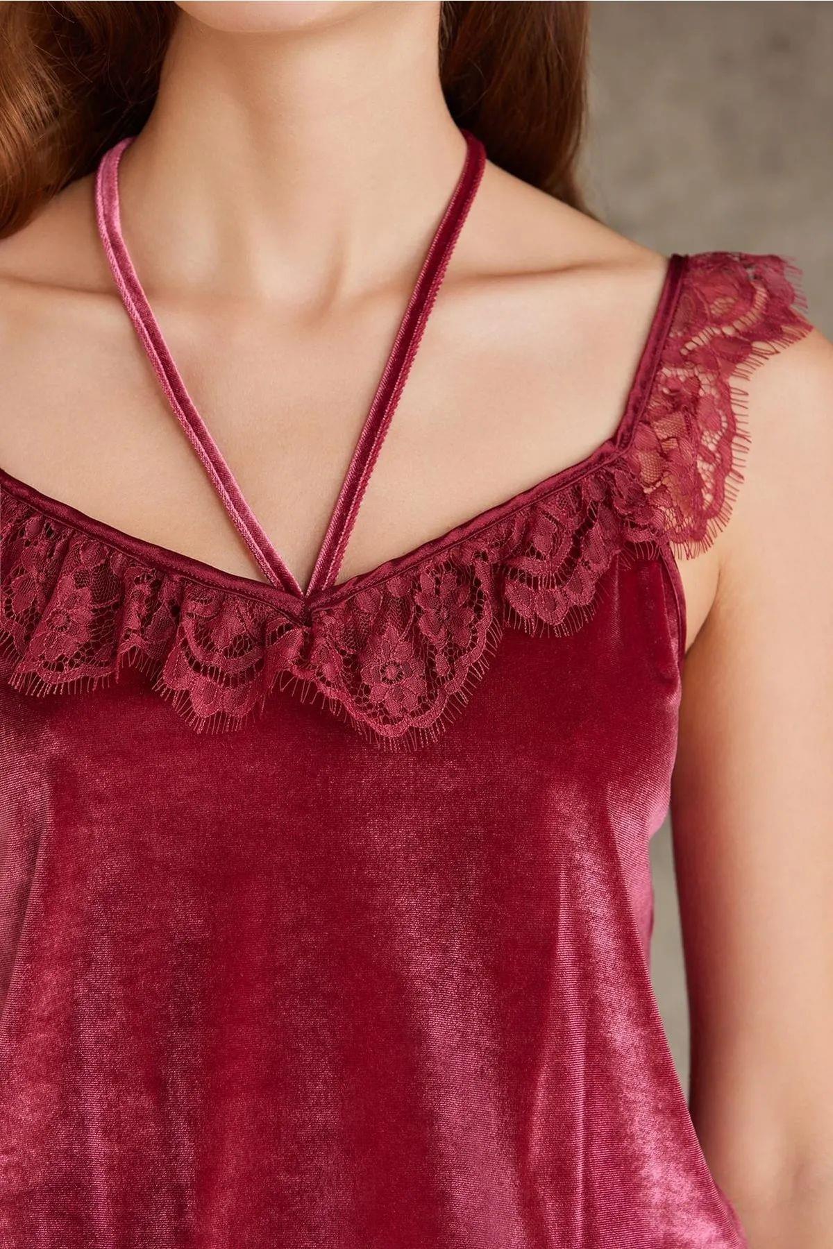 Pierre Cardin 4800 Kadın Bordo Şifon Sabahlık Dantelli Kadife Tulum TakımKadın Sabahlıklı Pijama TakımıPierre Cardin