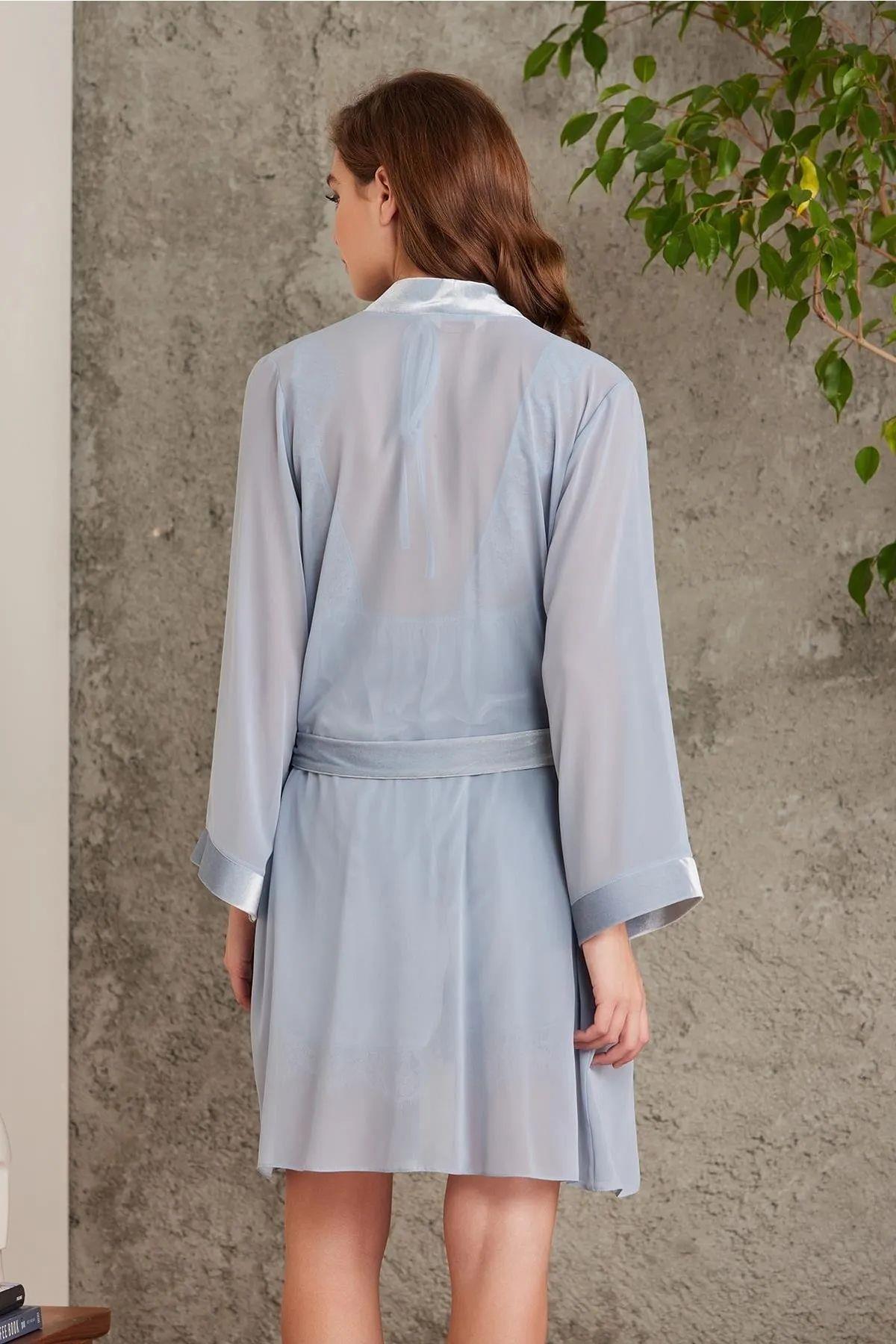 Pierre Cardin 4800 Kadın Mist Şifon Sabahlık Dantelli Kadife Tulum TakımKadın Sabahlıklı Pijama TakımıPierre Cardin