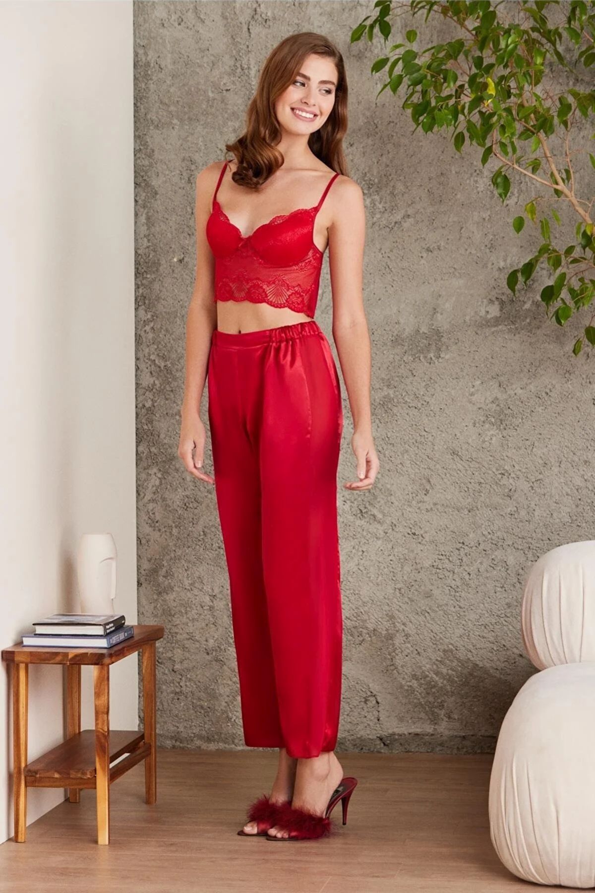 Pierre Cardin 7025 Kadın Kırmızı 4'lü Saten Takım Gelin Çeyiz SetiSetlerPierre Cardin