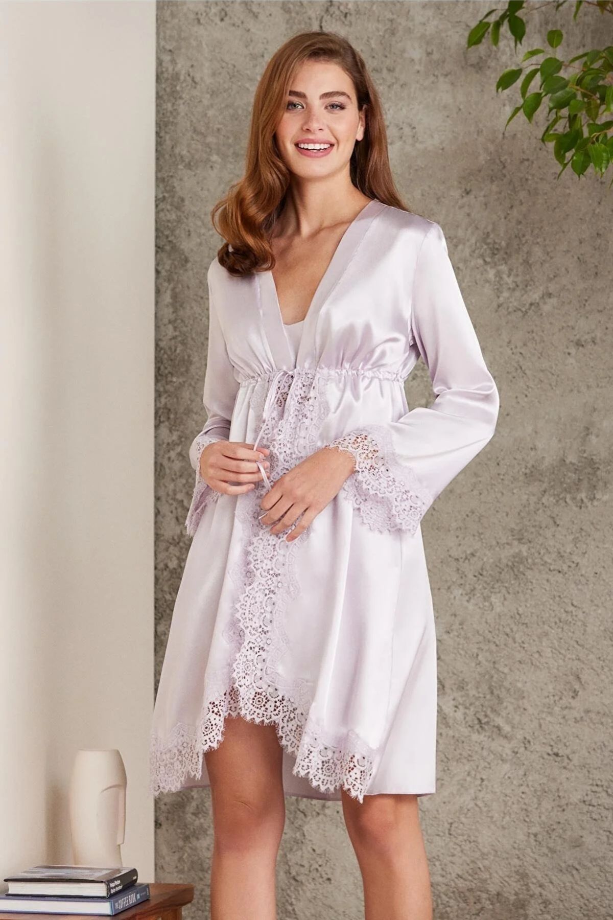Pierre Cardin 7045 Kadın Viola Bride Sabahlık Gecelik Şort Takım Saten 4'lü Gelin Çeyiz SetiSetlerPierre Cardin
