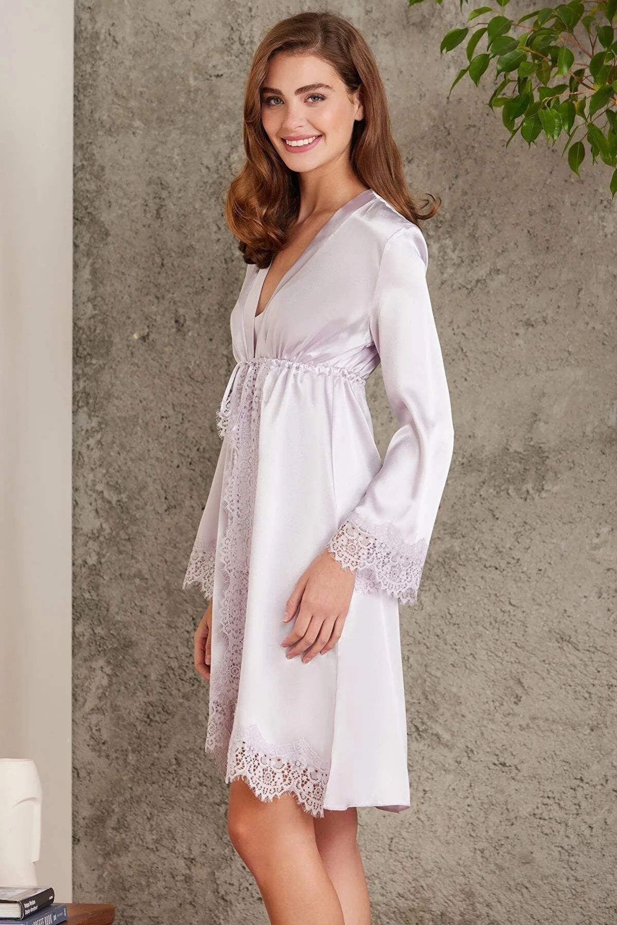 Pierre Cardin 7045 Kadın Viola Bride Sabahlık Gecelik Şort Takım Saten 4'lü Gelin Çeyiz SetiSetlerPierre Cardin