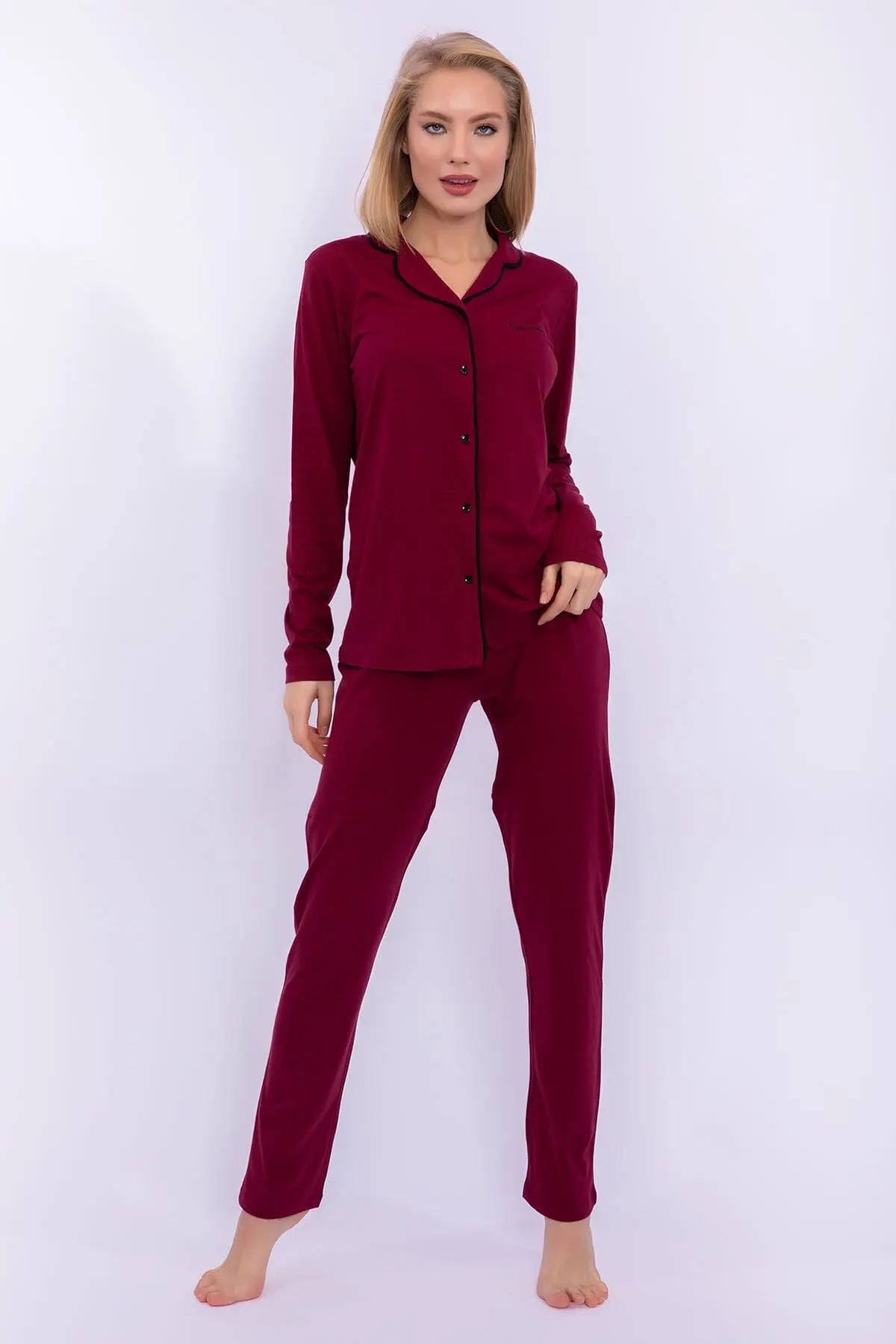 Pierre Cardin 7717 Kadın Bordo Uzun Kollu Önden Düğmeli Biyeli Gömlek Pijama TakımıKadın Pijama TakımıPierre Cardin
