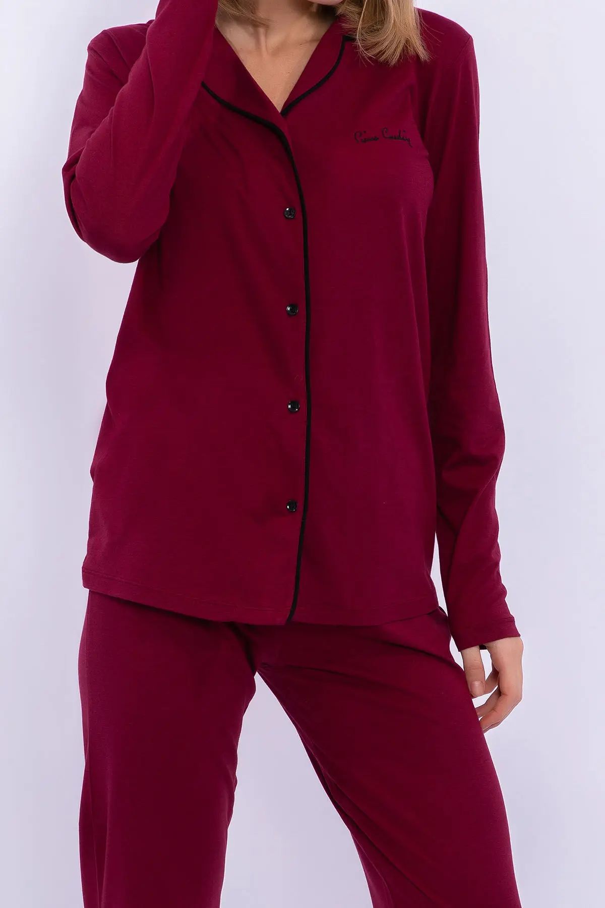 Pierre Cardin 7717 Kadın Bordo Uzun Kollu Önden Düğmeli Biyeli Gömlek Pijama TakımıKadın Pijama TakımıPierre Cardin