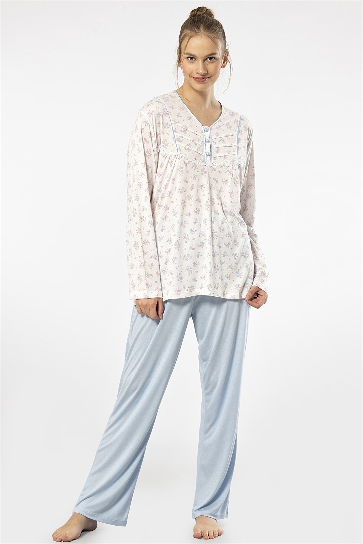 Türen 3366 Mavi Kadın Empirme Patlı Battal Uzun Kollu Pijama TakımKadın Battal Pijama TakımıTüren