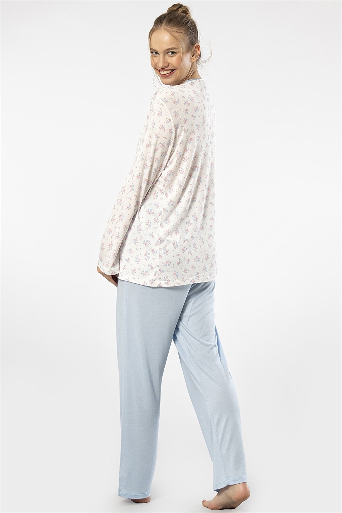 Türen 3366 Mavi Kadın Empirme Patlı Battal Uzun Kollu Pijama TakımKadın Battal Pijama TakımıTüren