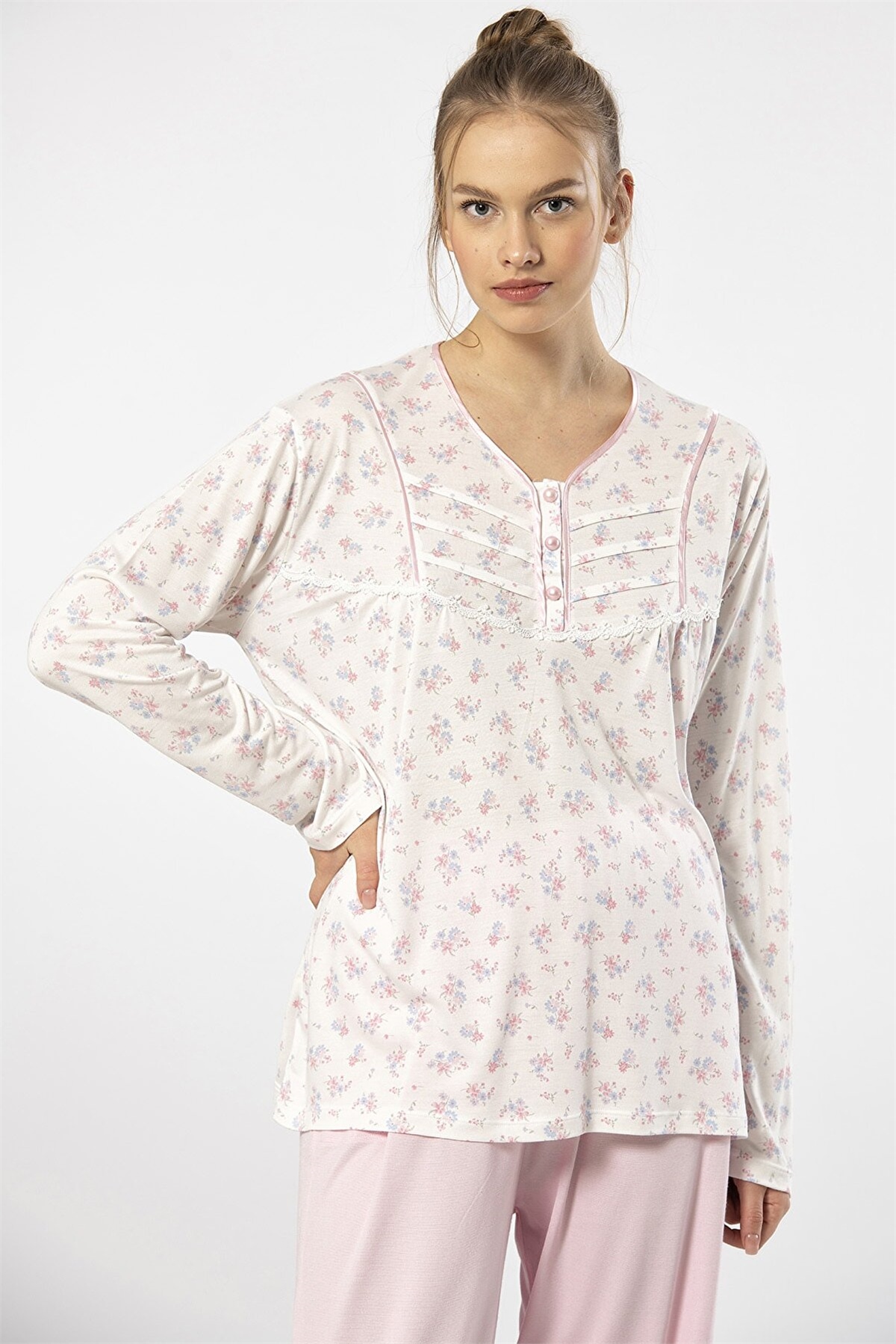 Türen 3366 Pembe Kadın Empirme Patlı Battal Uzun Kollu Pijama TakımKadın Battal Pijama TakımıTüren