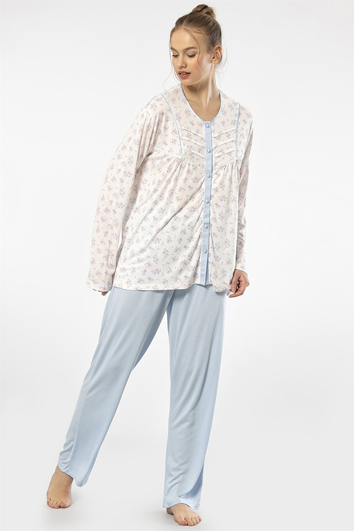 Türen 3367 Mavi Kadın Empirme Patlı Battal Uzun Kollu Pijama TakımKadın Battal Pijama TakımıTüren