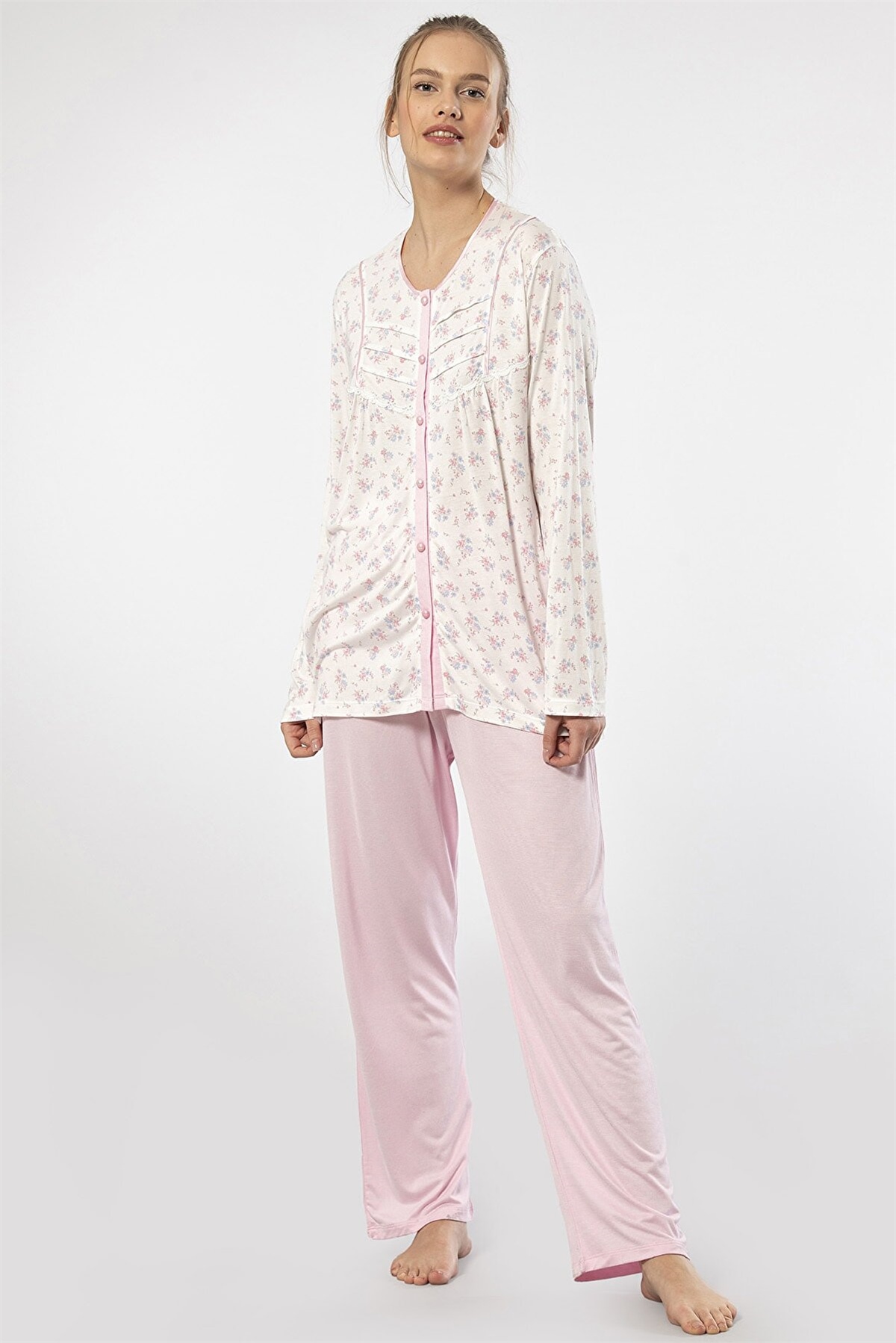 Türen 3367 Pembe Kadın Empirme Patlı Battal Uzun Kollu Pijama TakımKadın Battal Pijama TakımıTüren
