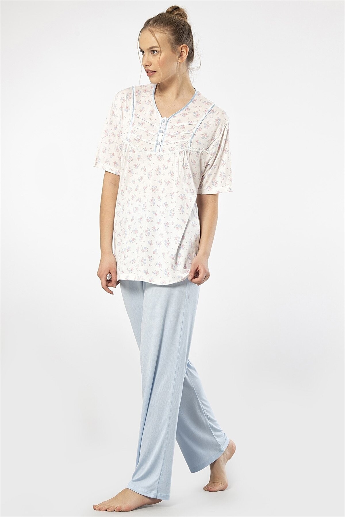 Türen 3369 Mavi Kadın Empirme Patlı Battal Kısa Kollu Pijama TakımKadın Battal Pijama TakımıTüren