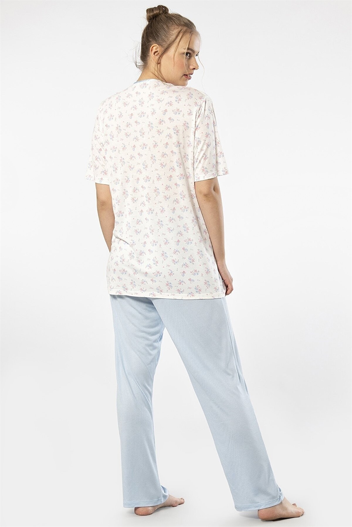 Türen 3369 Mavi Kadın Empirme Patlı Battal Kısa Kollu Pijama TakımKadın Battal Pijama TakımıTüren