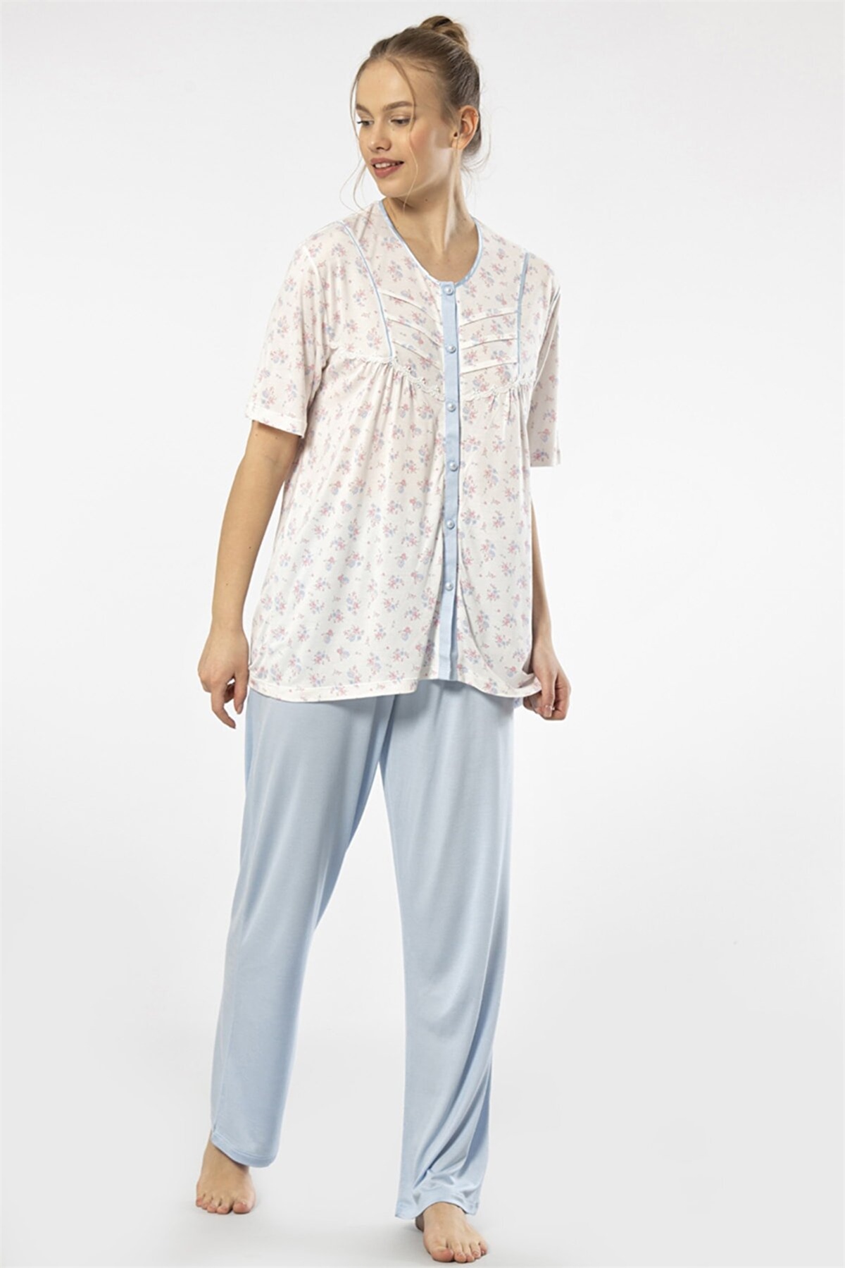 Türen 3370 Mavi Kadın Empirme Düğmeli Battal Kısa Kollu Pijama TakımKadın Battal Pijama TakımıTüren