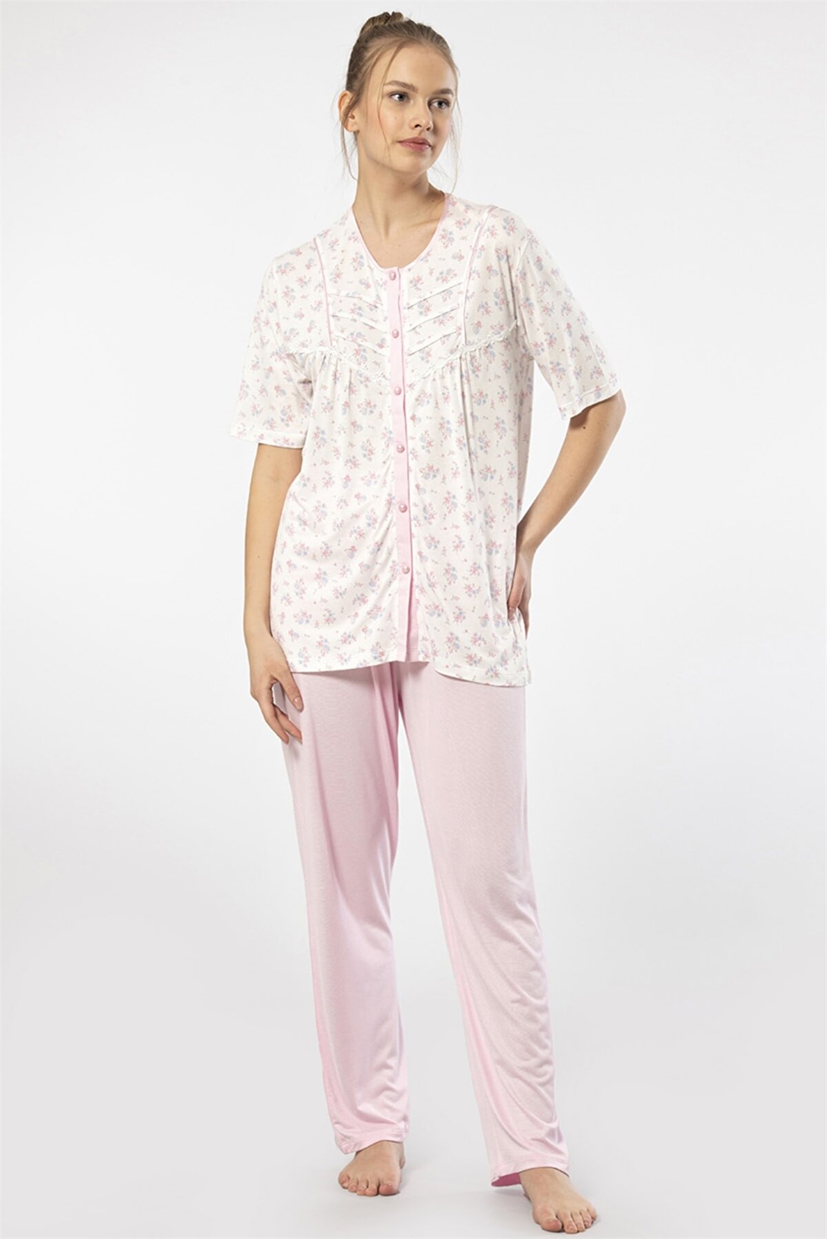 Türen 3370 Pembe Kadın Empirme Düğmeli Battal Kısa Kollu Pijama TakımKadın Battal Pijama TakımıTüren