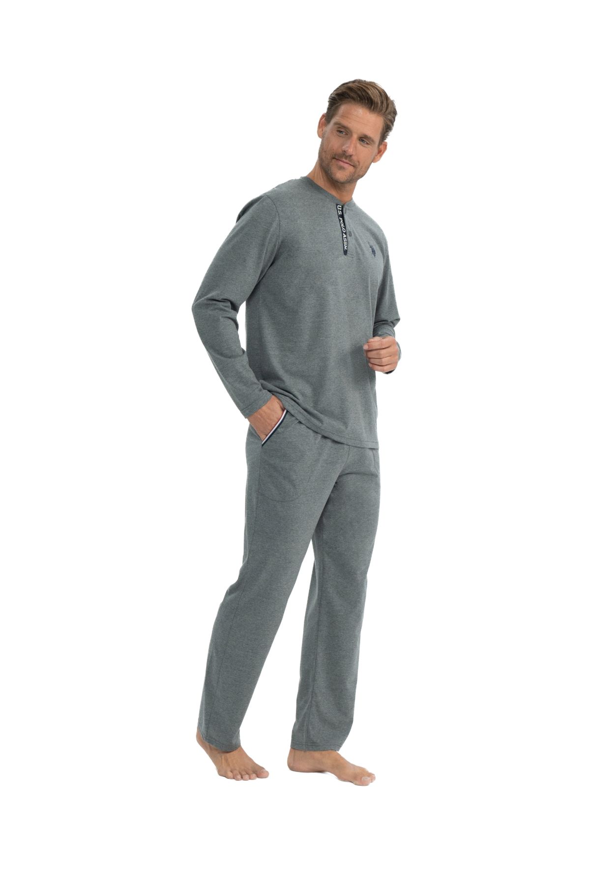 U.S. Polo Assn. 18837 Erkek Antrasit Melanj Uzun Kollu Patlı Penye Süprem Pijama TakımKadın Pijama TakımıU.S. Polo Assn.