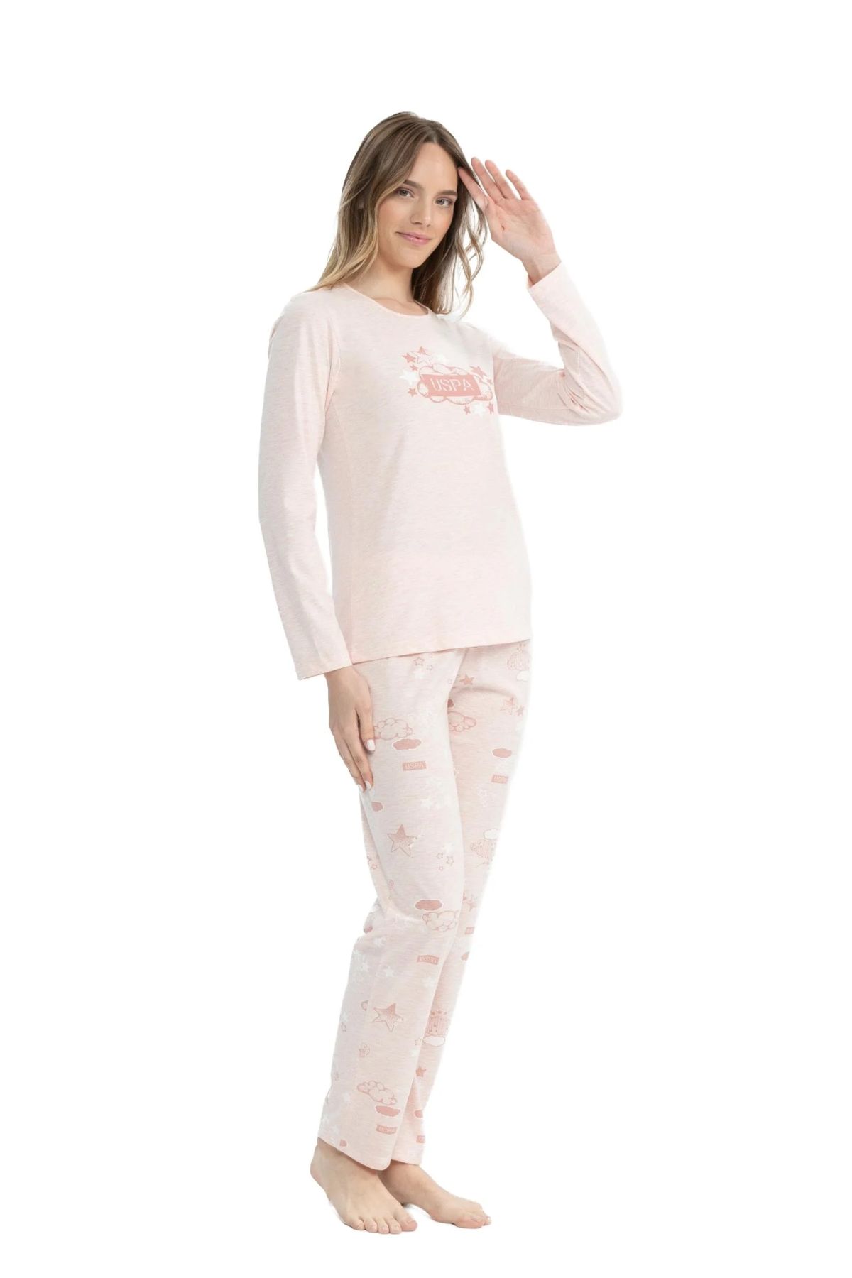 U.S. Polo Assn. 17122 Kadın Pembe Melanj Uzun Kollu Yuvarlak Yaka Pijama TakımKadın Pijama TakımıU.S. Polo Assn.
