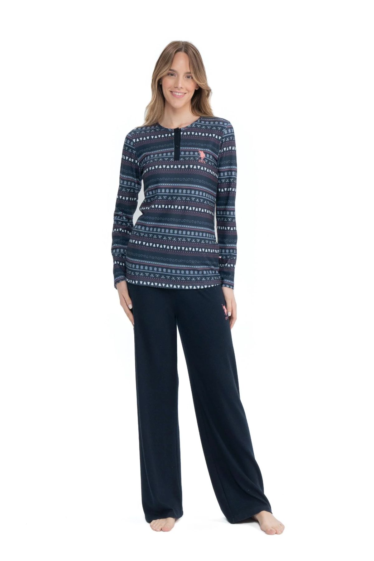 U.S. Polo Assn. 17113 Kadın Lacivert Uzun Kollu Yuvarlak Yaka Patlı Pijama TakımKadın Pijama TakımıU.S. Polo Assn.