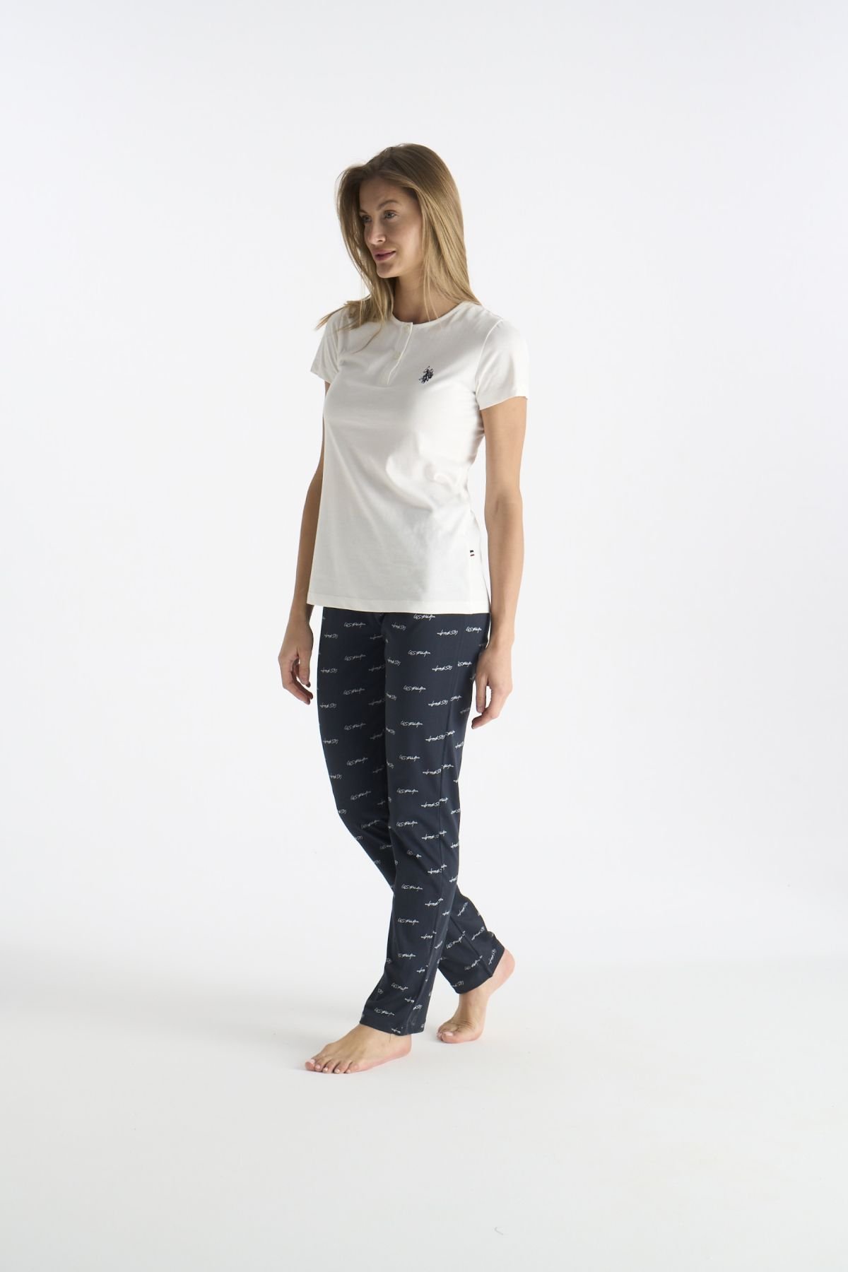 U.S. Polo Assn. 20214 Kadın Ekru Kısa Kollu Yarım Patlı Pijama TakımıKadın Pijama TakımıU.S. Polo Assn.