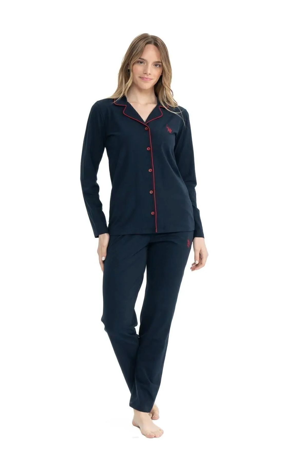 U.S. Polo Assn. 11000 Kadın Lacivert Uzun Kollu Önden Düğmeli Gömlek Pijama TakımKadın Pijama TakımıU.S. Polo Assn.