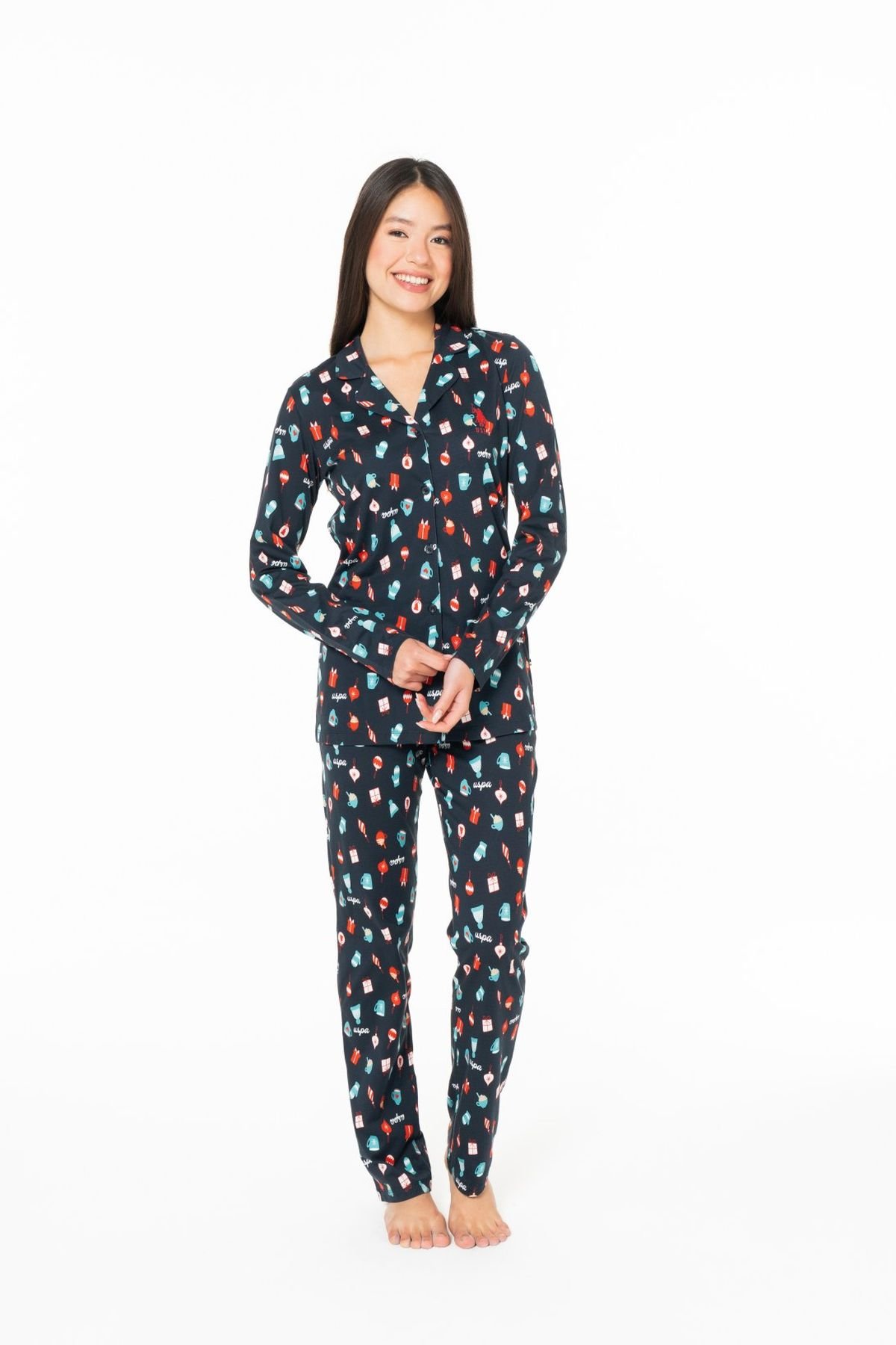 U.S. Polo Assn. 20166 Kadın Lacıvert V Yaka Uzun Kollu Pijama TakımıKadın Pijama TakımıU.S. Polo Assn.