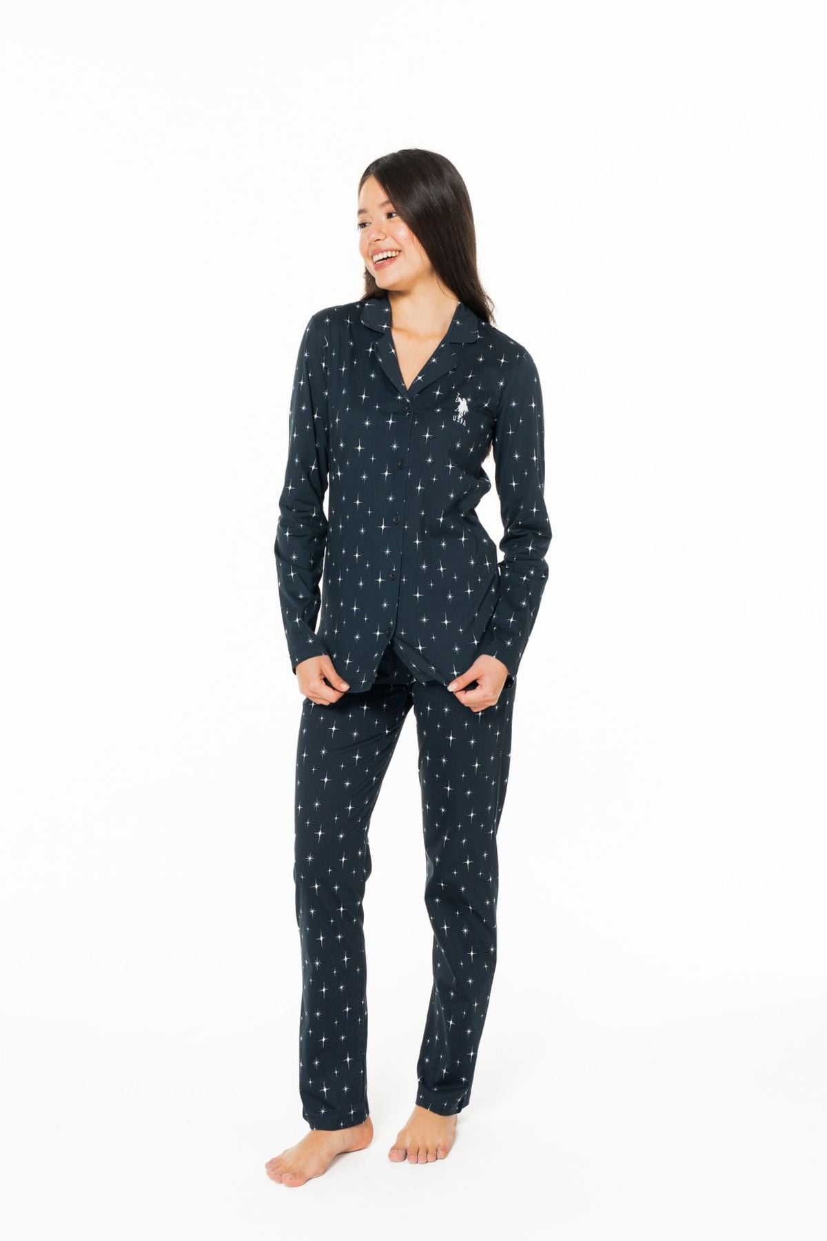 U.S. Polo Assn. 20173 Kadın Lacıvert V Yaka Uzun Kollu Pijama TakımıKadın Pijama TakımıU.S. Polo Assn.