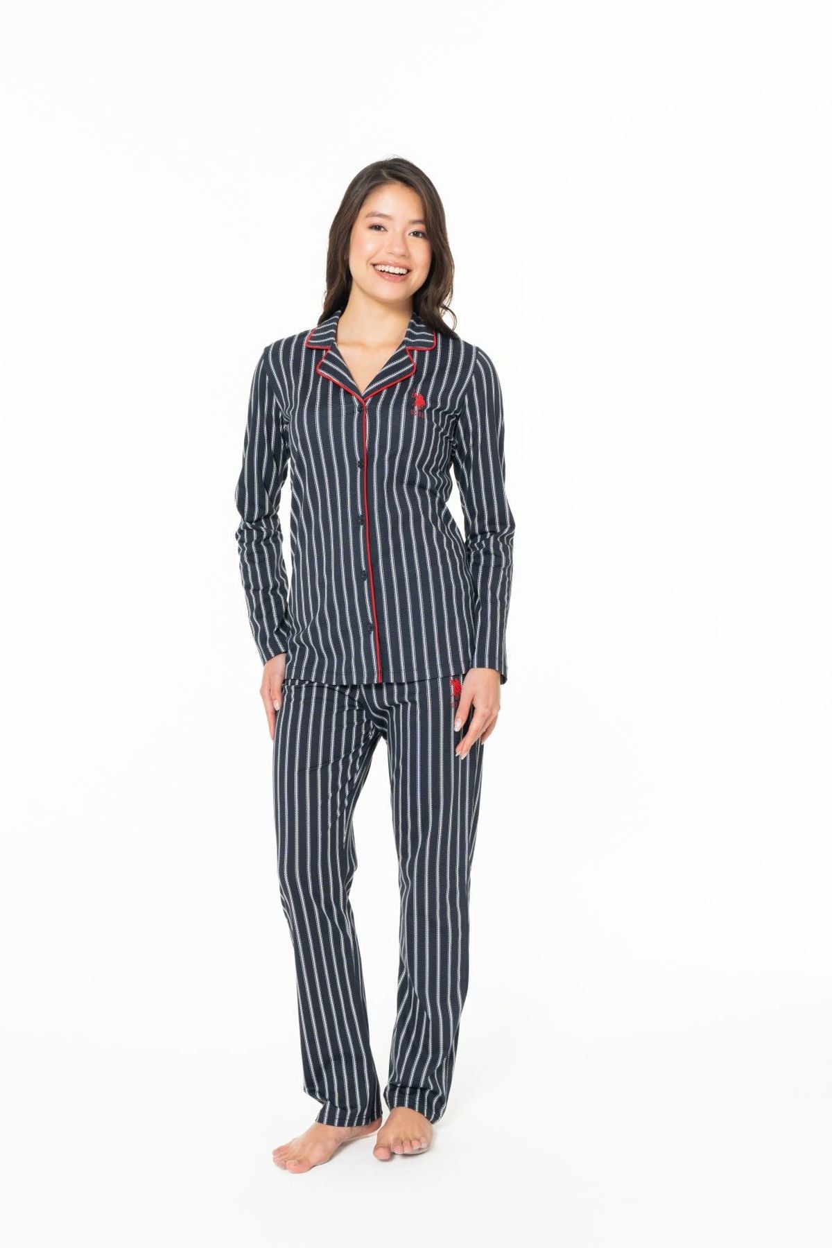 U.S. Polo Assn. 20138 Kadın Lacıvert V Yaka Uzun Kollu Çizgili Pijama TakımıKadın Pijama TakımıU.S. Polo Assn.